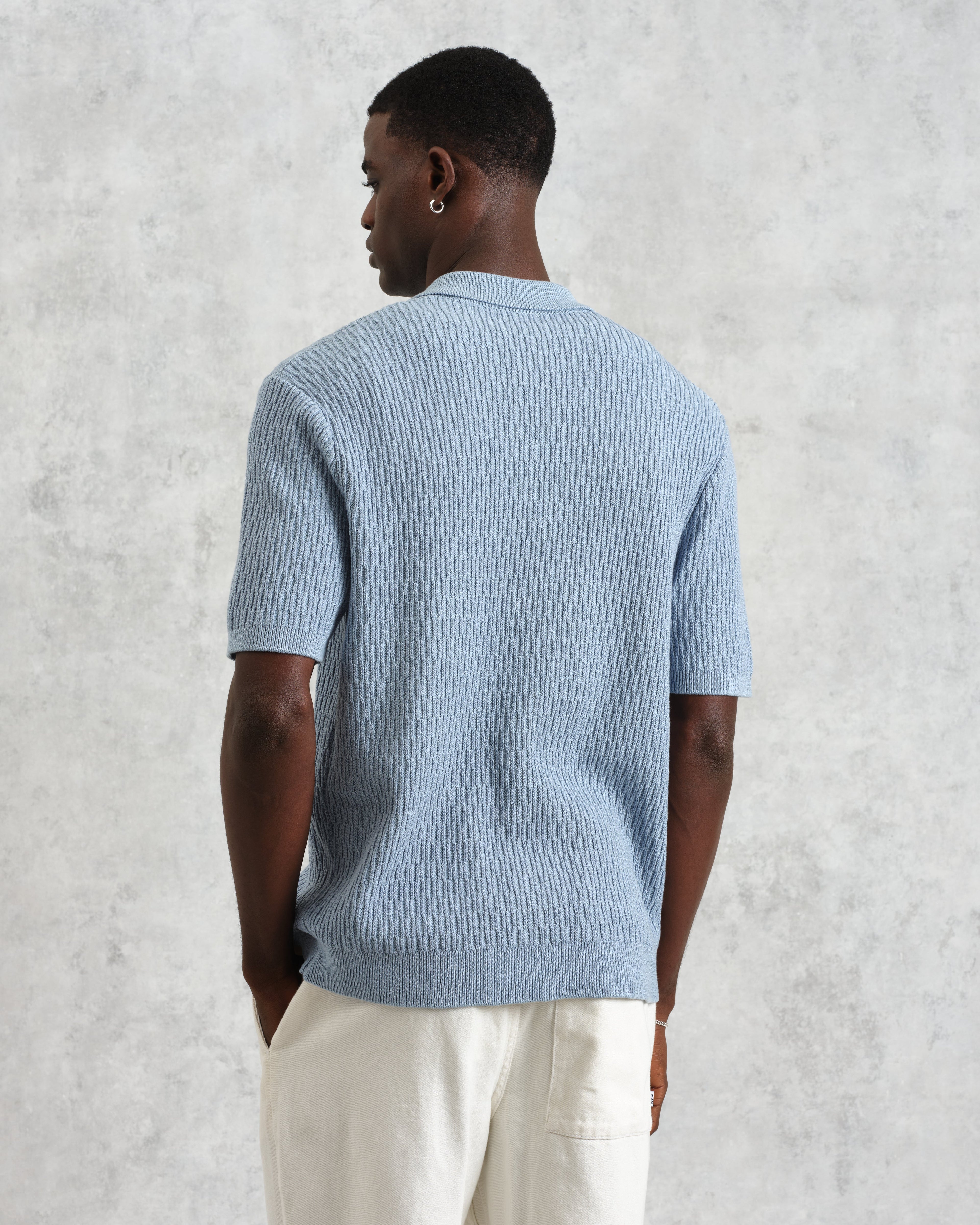 Tellaro - Blue Honeycomb Knitted Cotton Polo Shirt