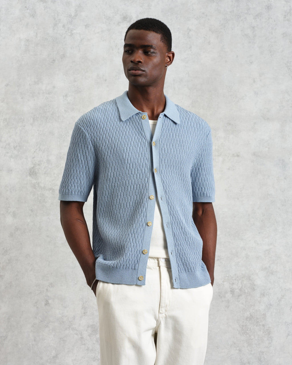 Tellaro - Blue Honeycomb Knitted Cotton Polo Shirt