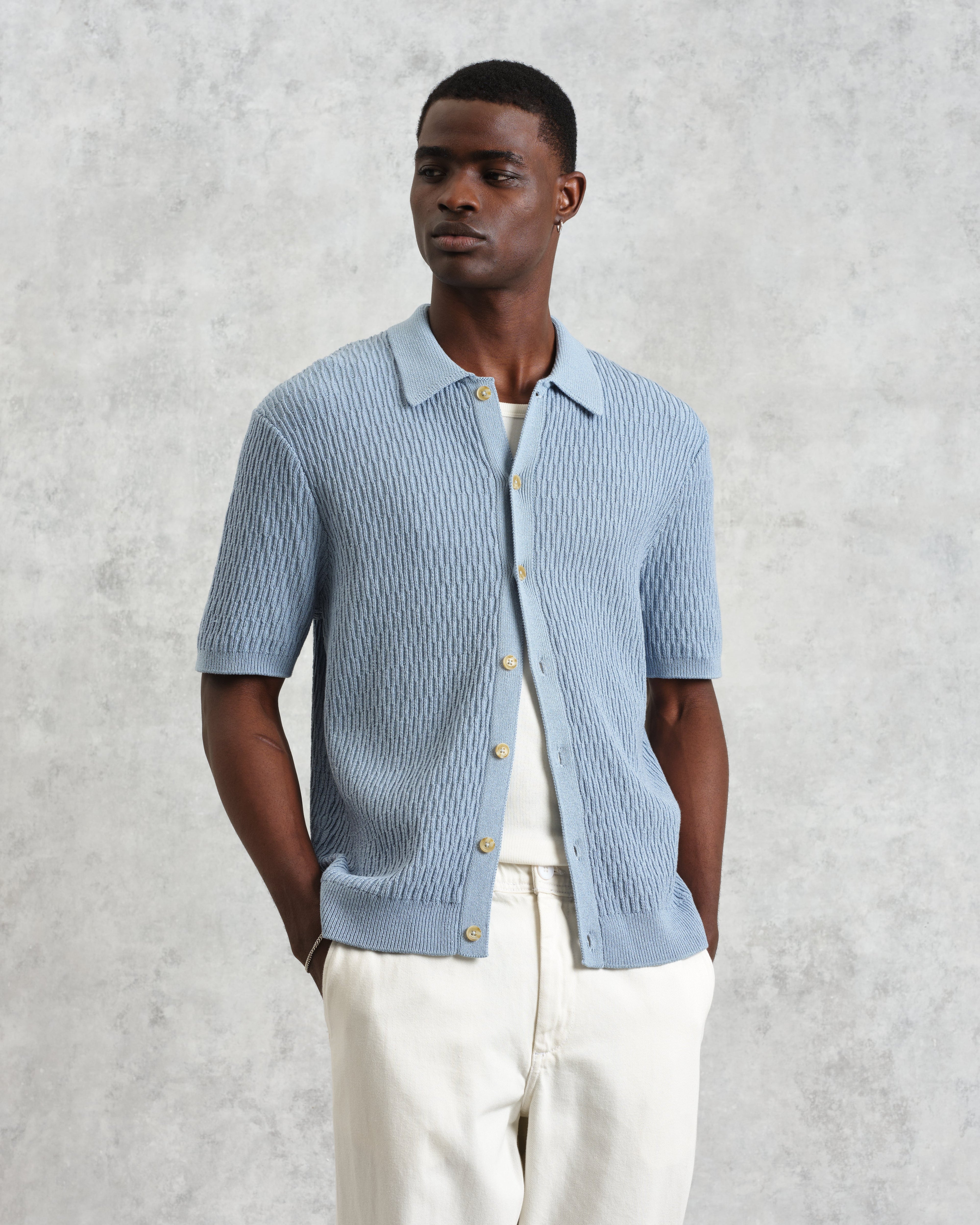 Tellaro - Blue Honeycomb Knitted Cotton Polo Shirt
