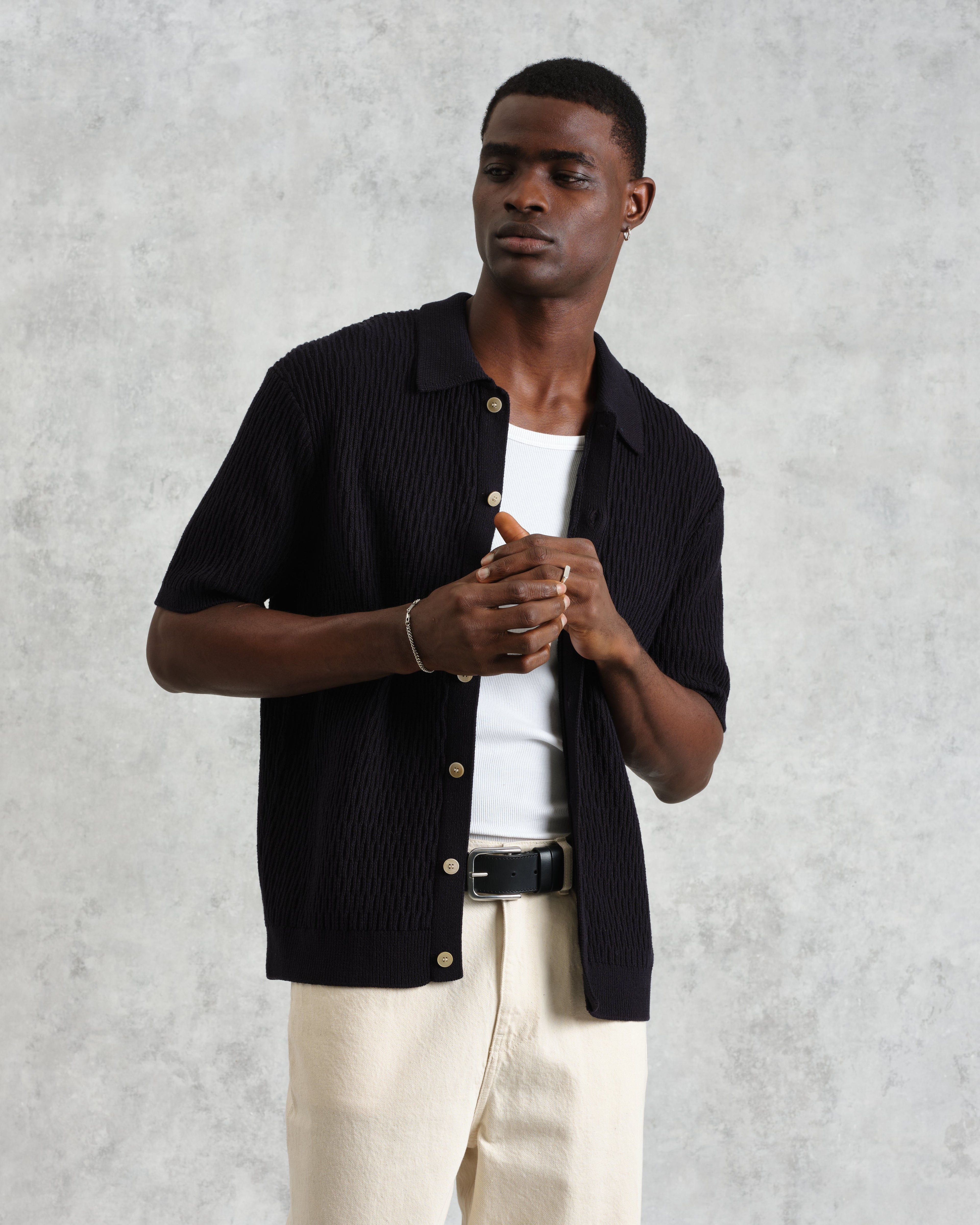 Tellaro - Navy Honeycomb Knitted Cotton Polo Shirt