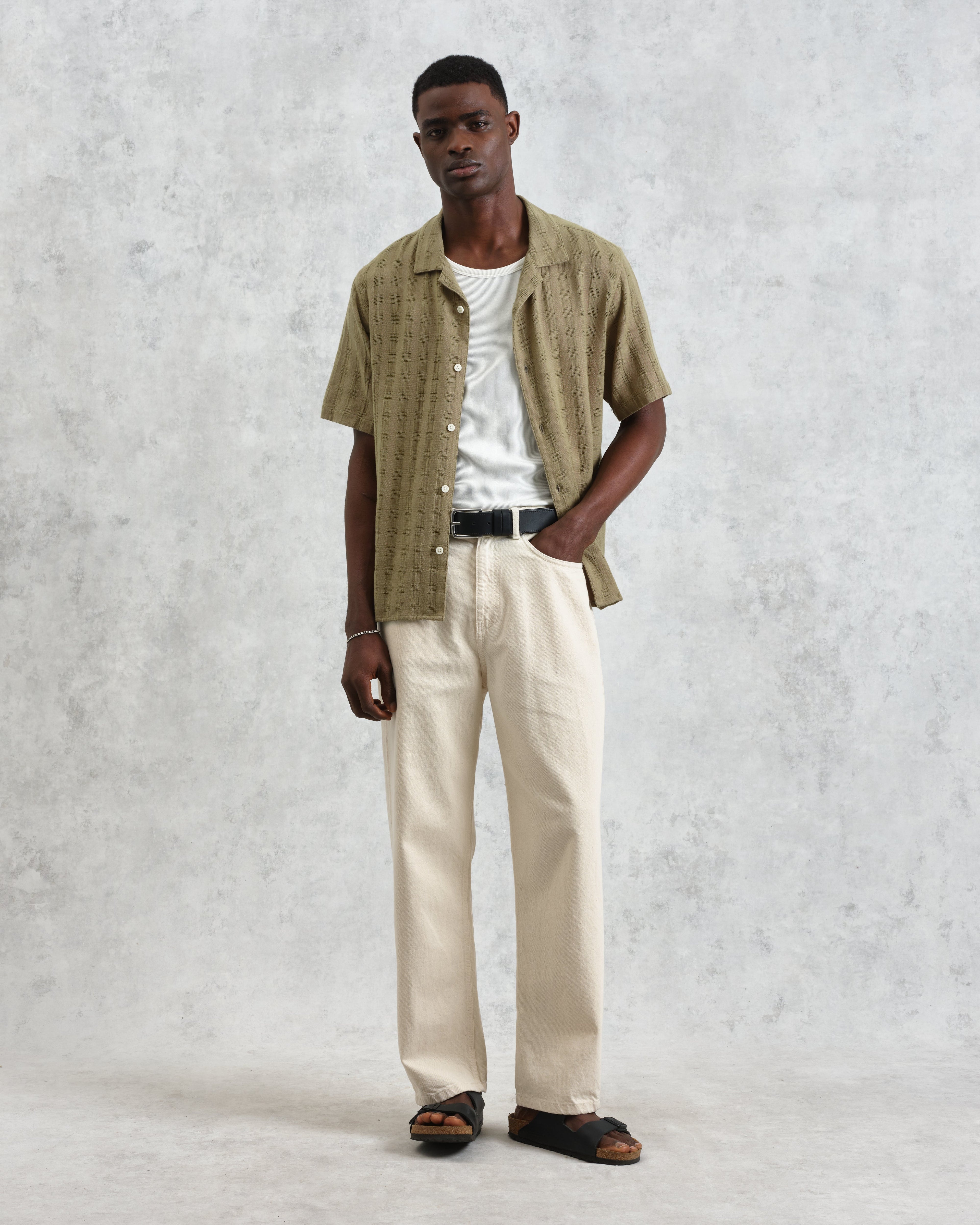 Didcot - Khaki Open Weave Cotton Short-Sleeve Shirt