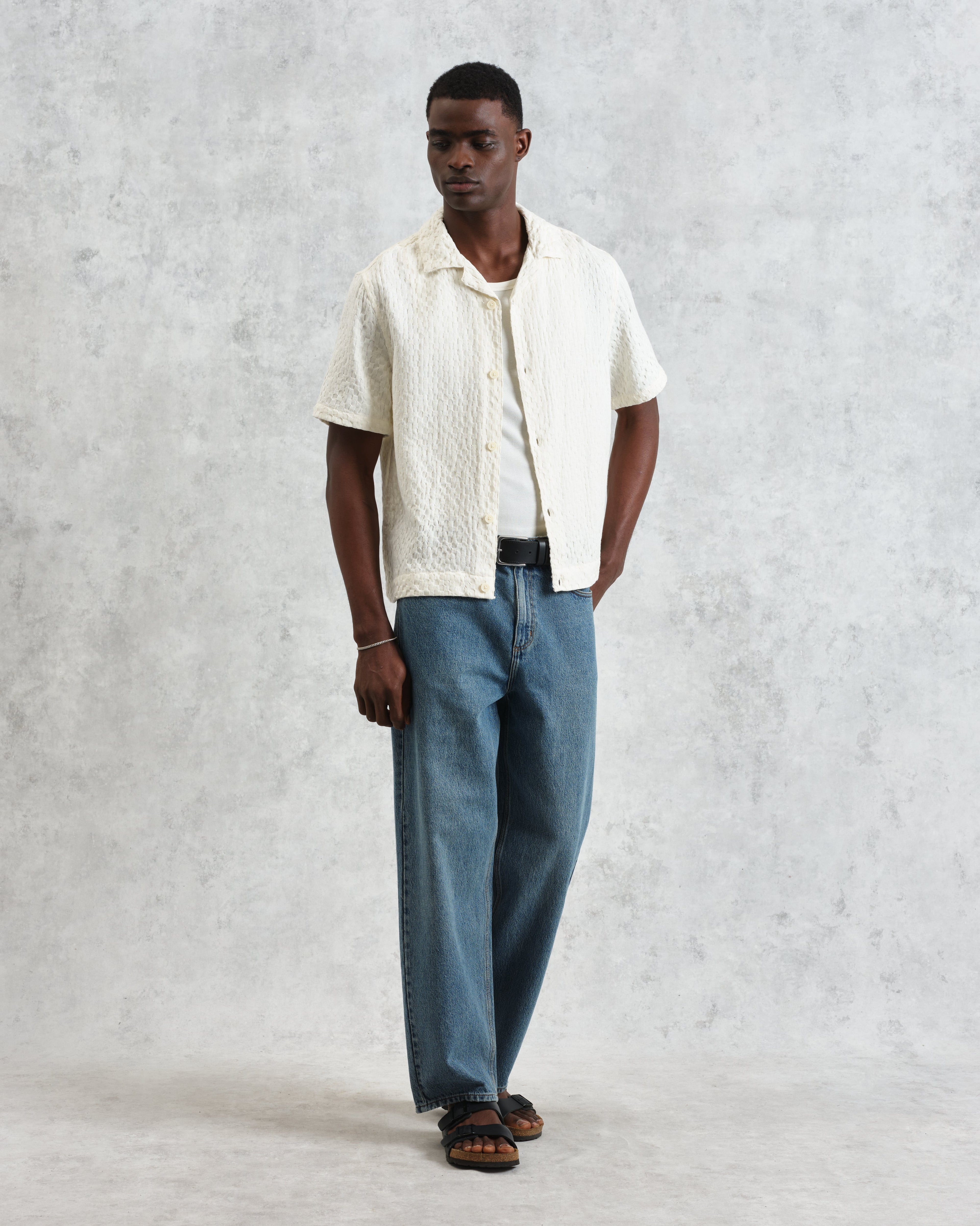 Lido - Ecru Dobby Cotton Weave Short-Sleeve Shirt