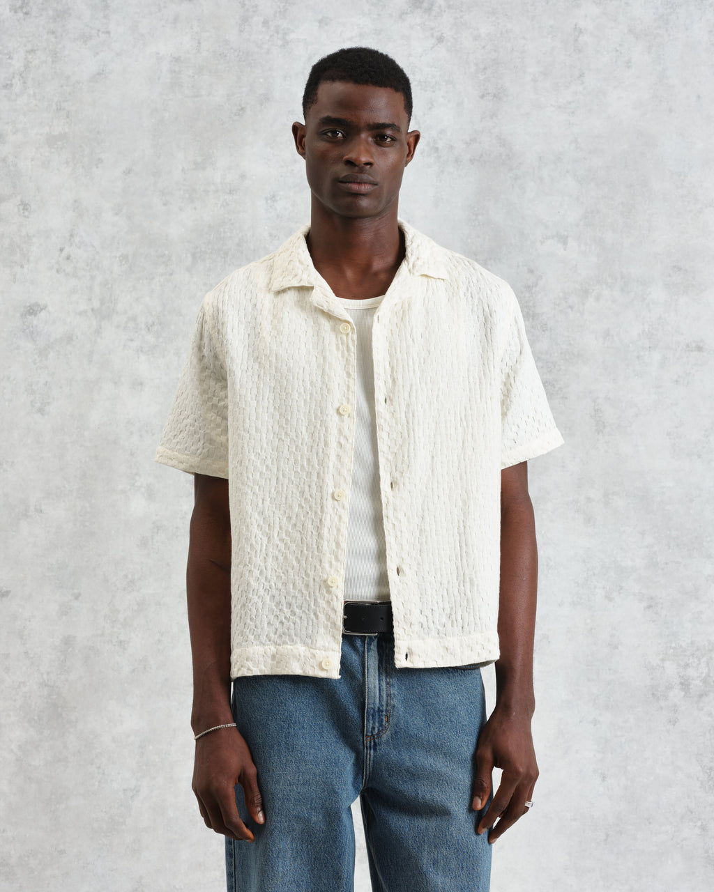 Lido - Ecru Dobby Cotton Weave Short-Sleeve Shirt