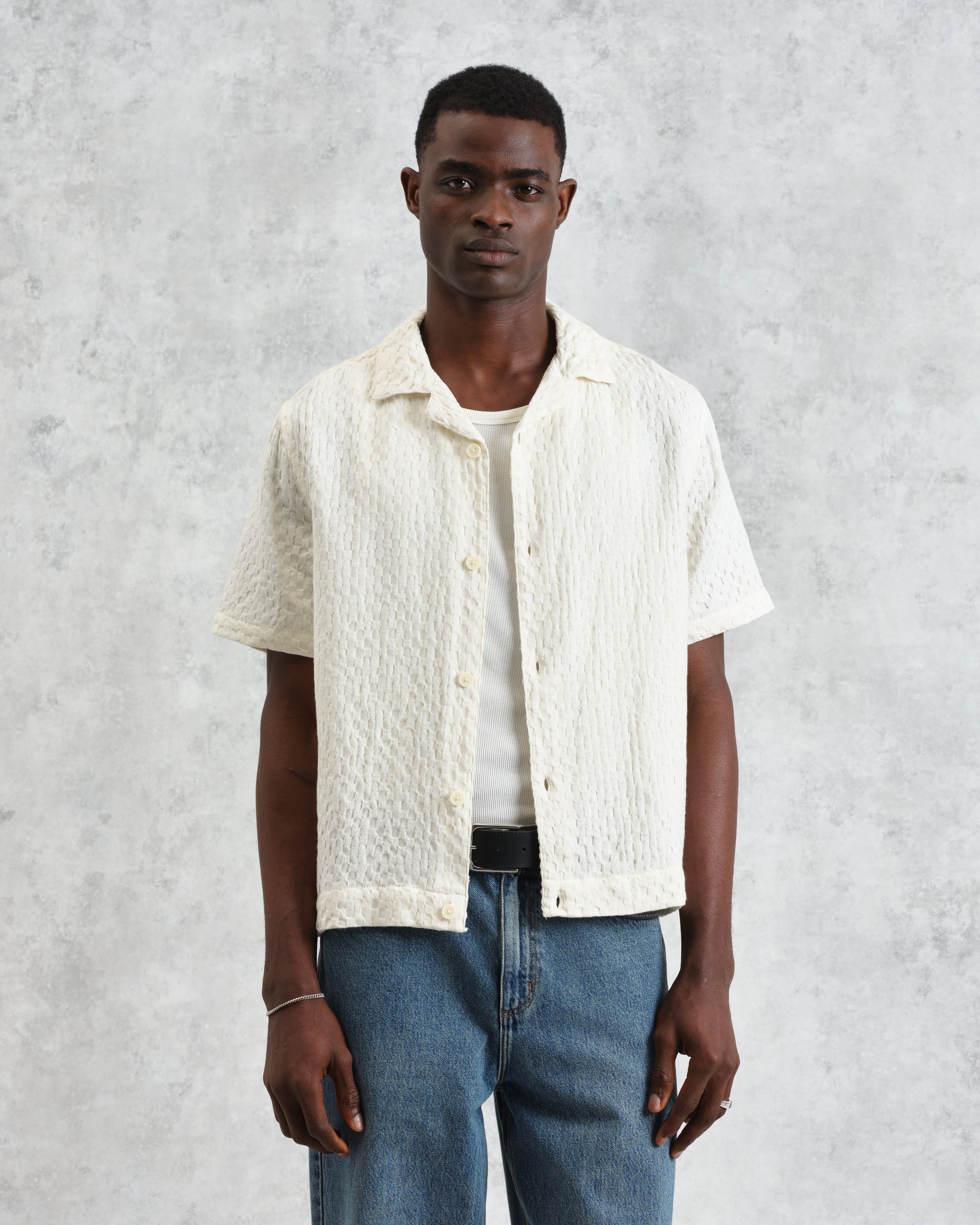 Lido - Ecru Dobby Cotton Weave Short-Sleeve Shirt