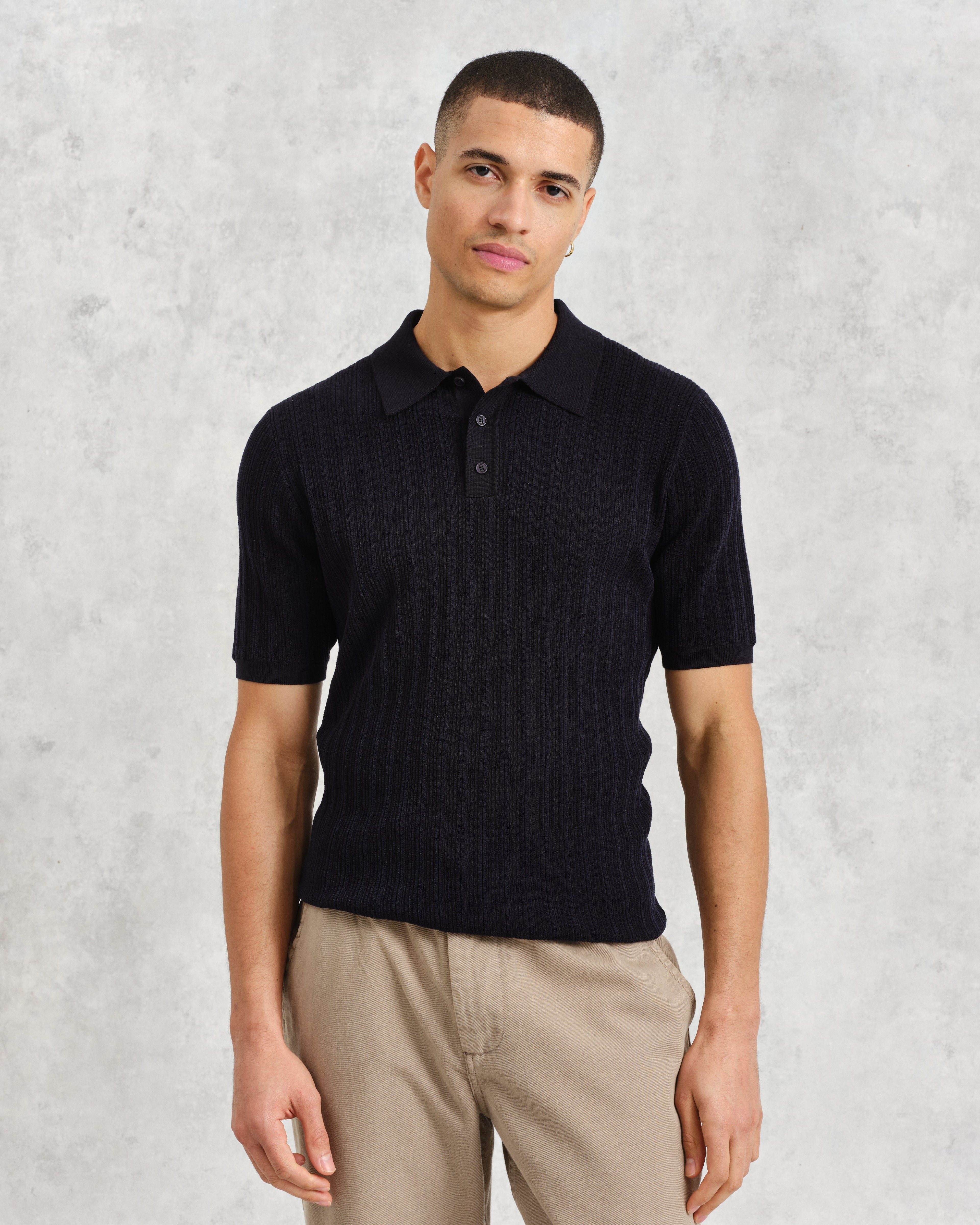 Naples - Midnight Navy Textured Knitted Polo Shirt