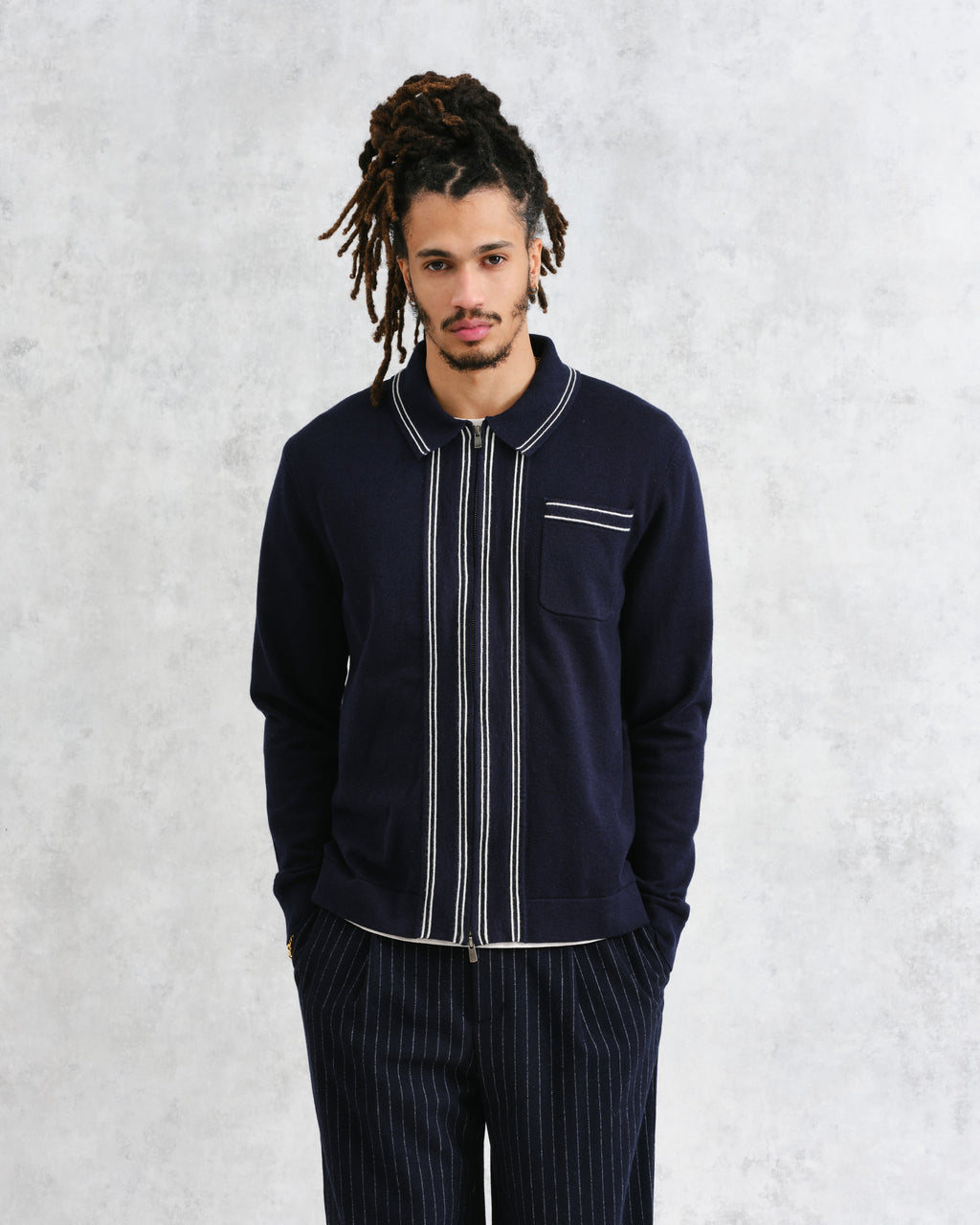 Amble - Navy Milano-Knit Long Sleeve Polo