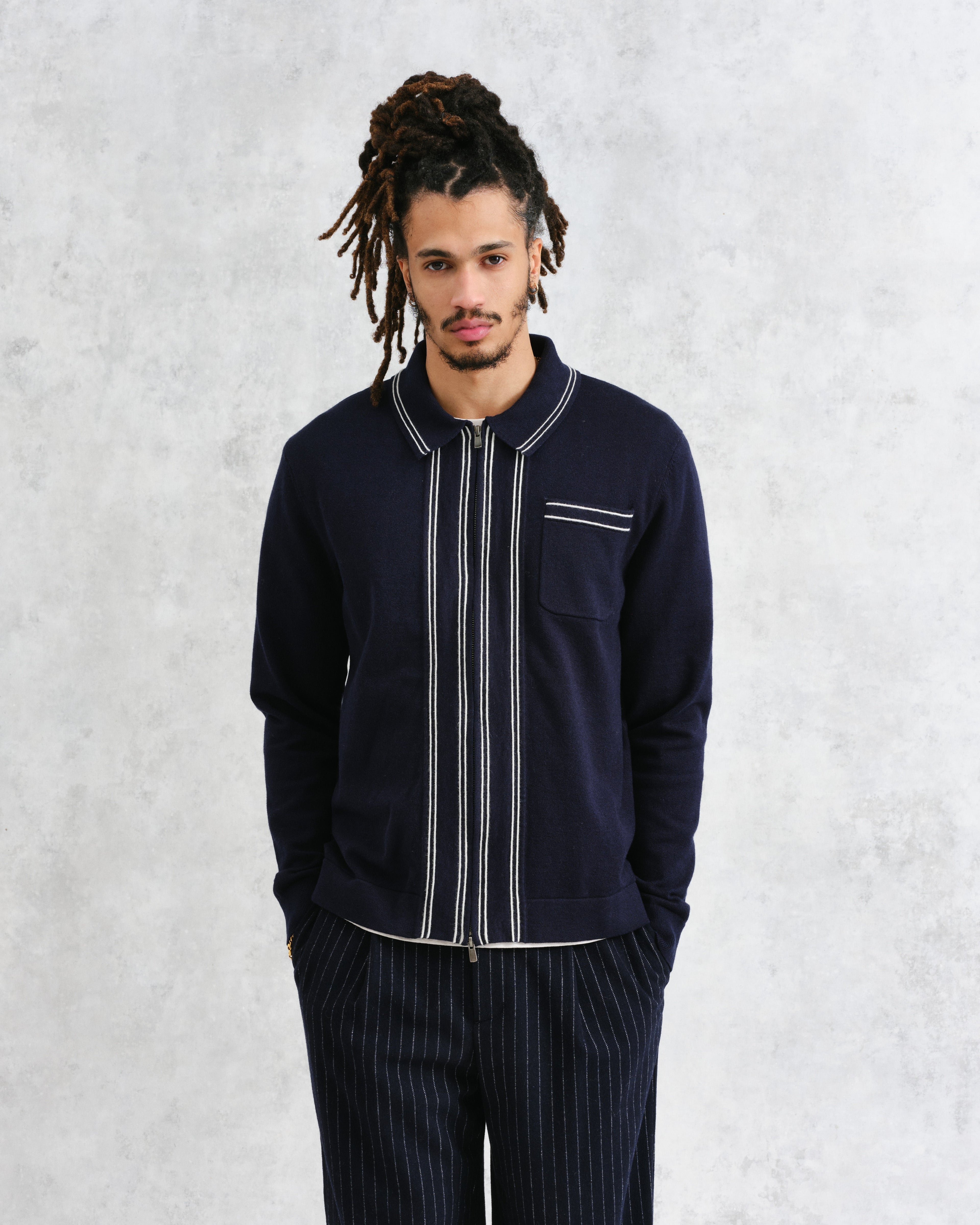 Amble - Navy Milano-Knit Long Sleeve Polo