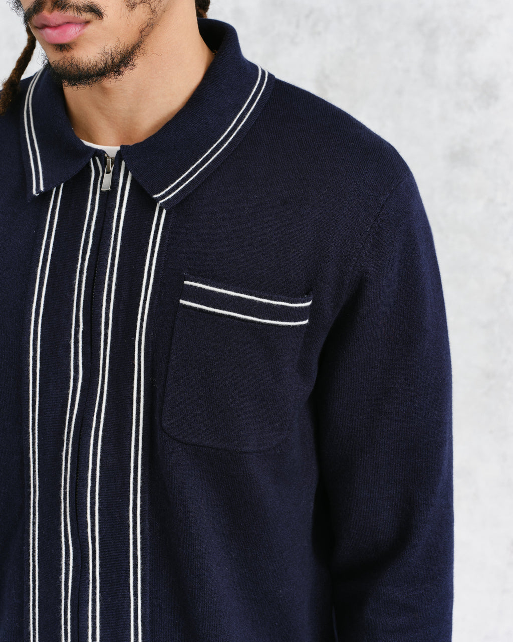 Amble - Navy Milano-Knit Long Sleeve Polo