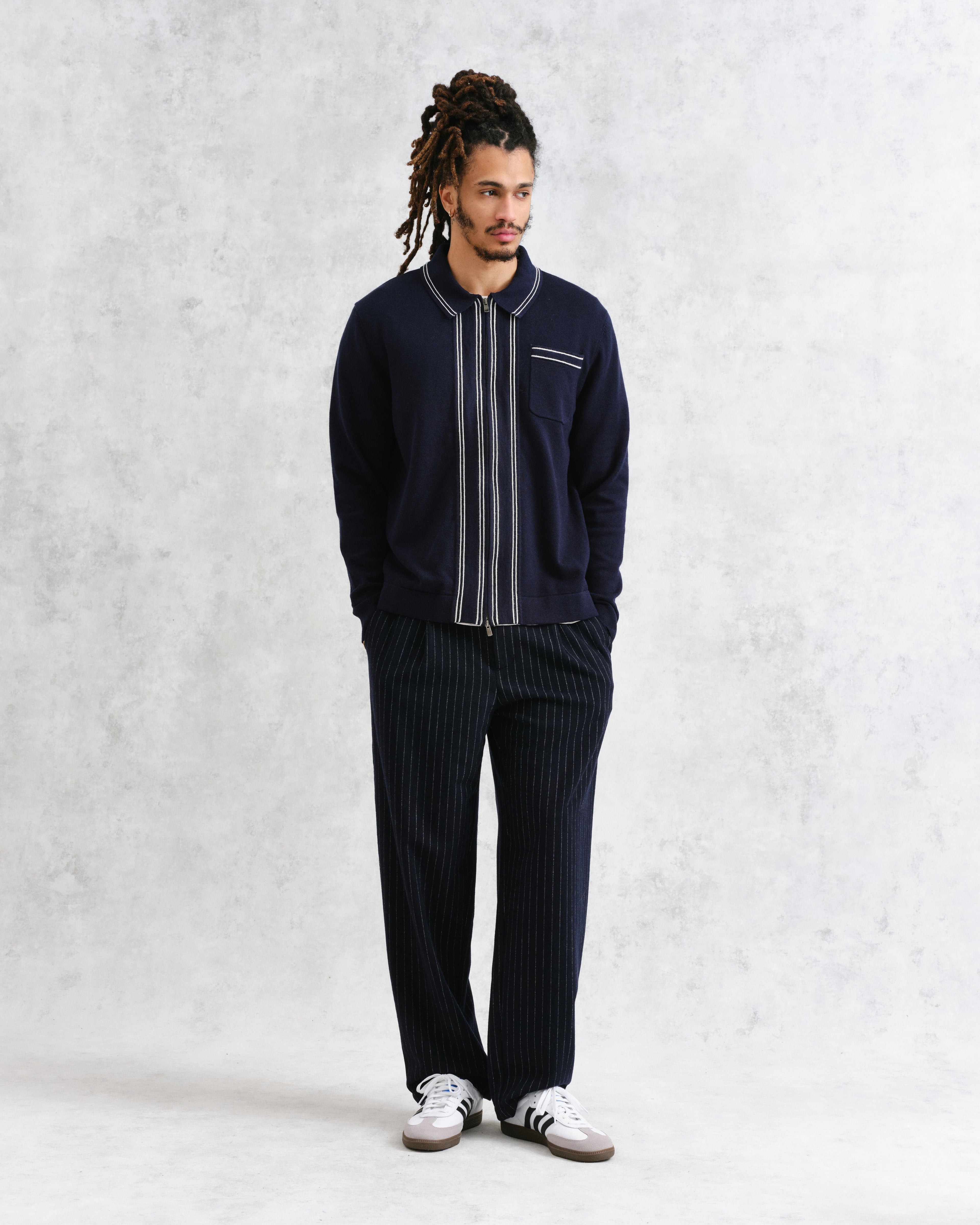 Amble - Navy Milano-Knit Long Sleeve Polo
