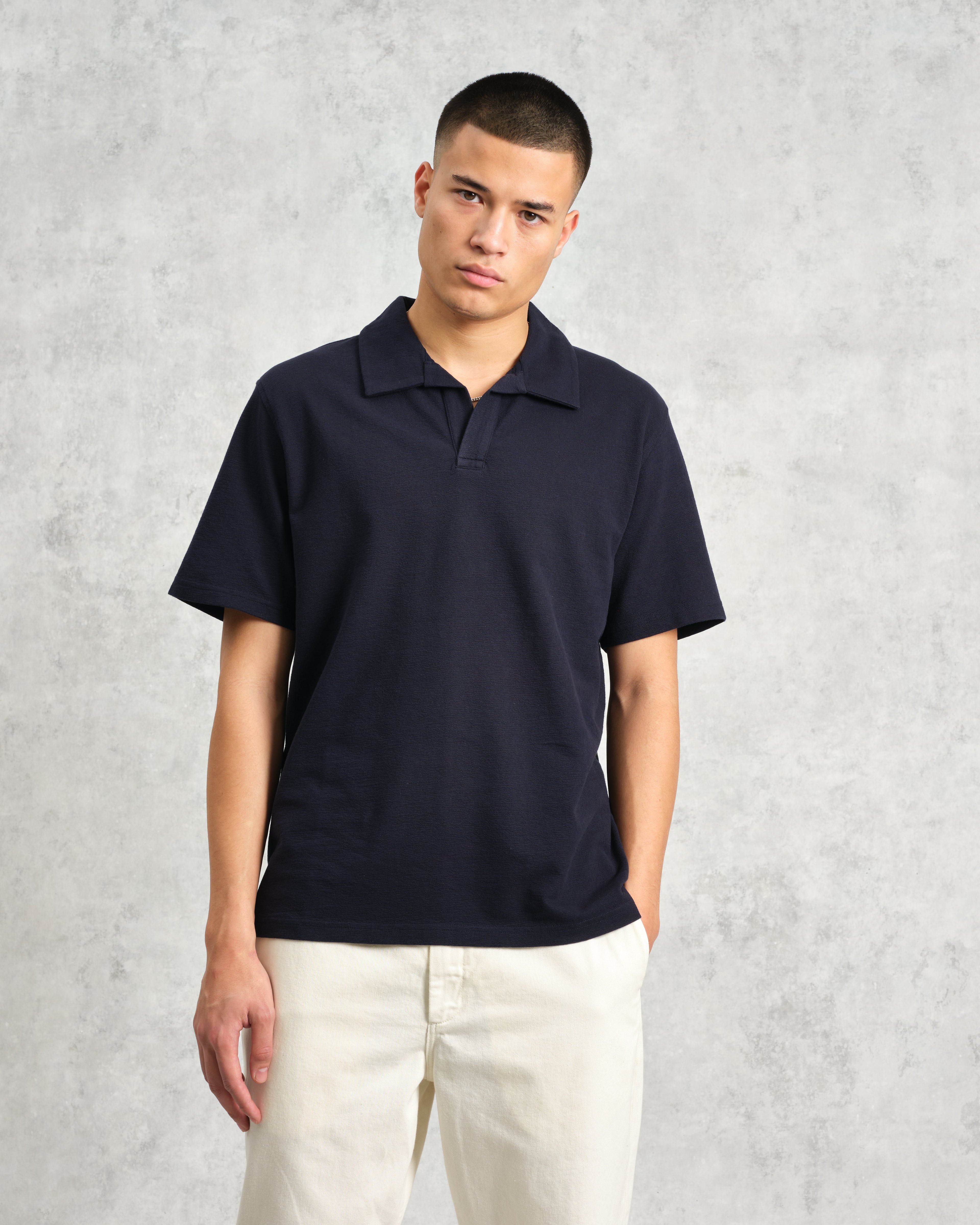 Atwood - Navy Textured Organic Cotton Polo Shirt