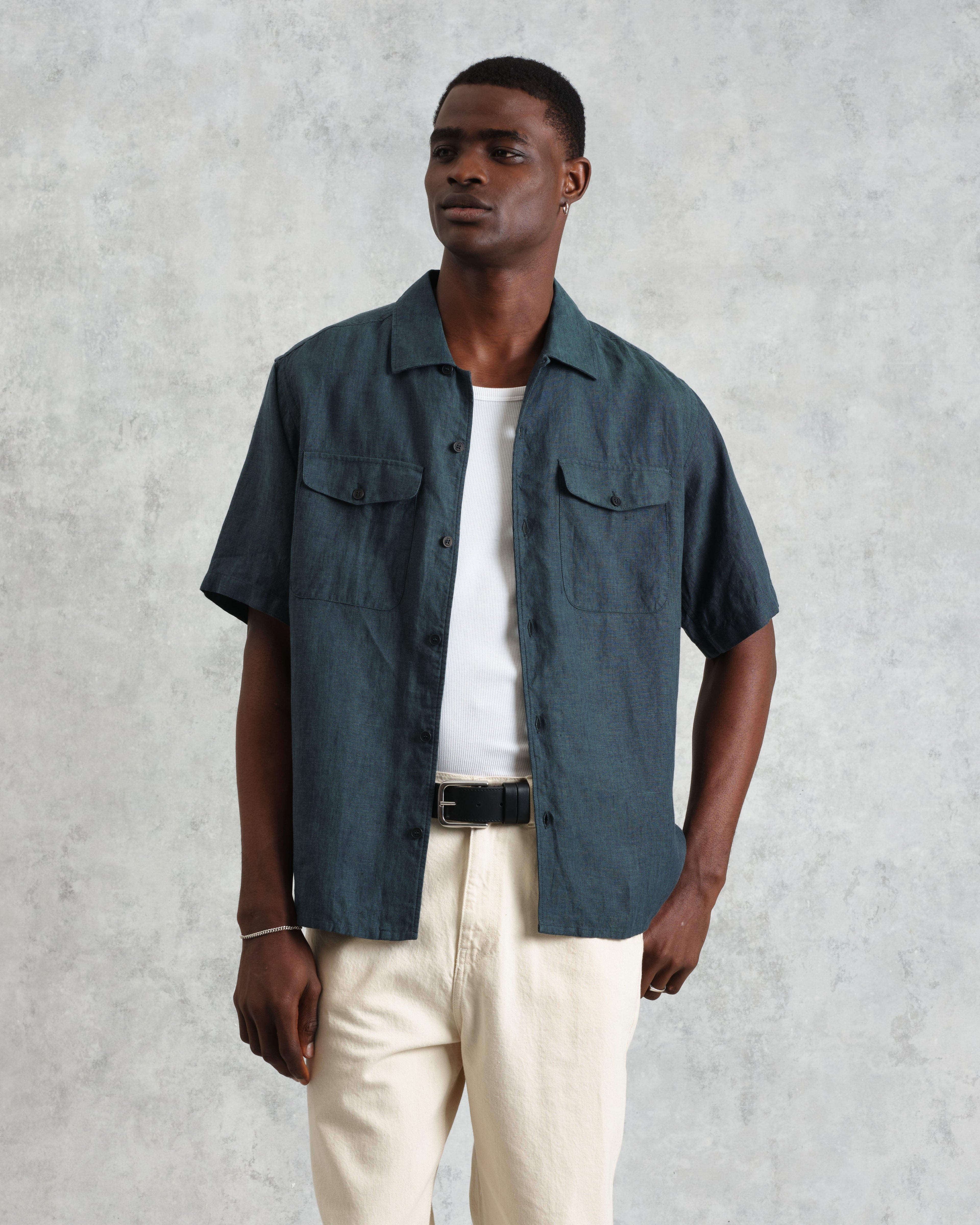 Bartlett - Dark Green Two-Tone Linen Short-Sleeve Shirt