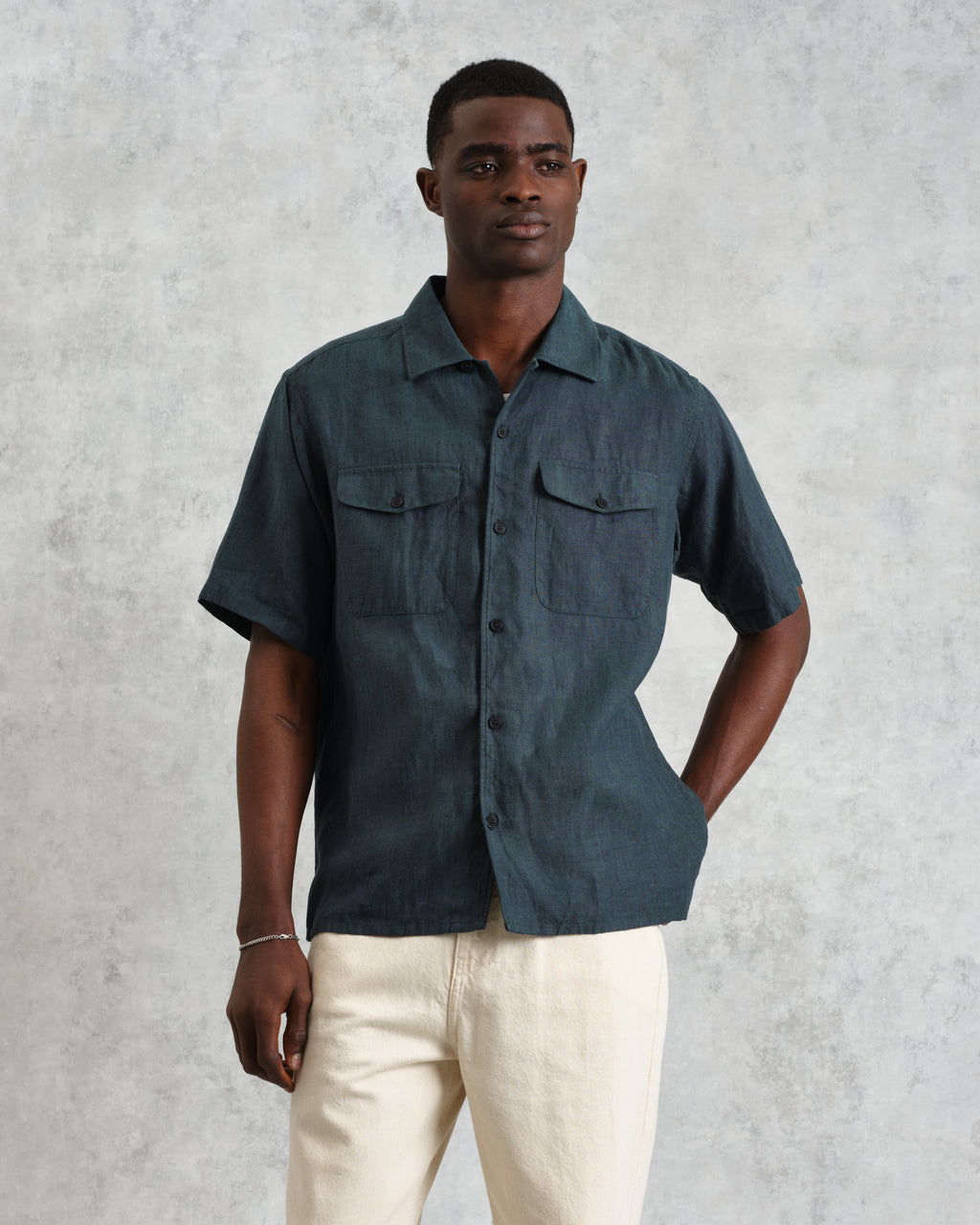 Bartlett - Dark Green Two-Tone Linen Short-Sleeve Shirt