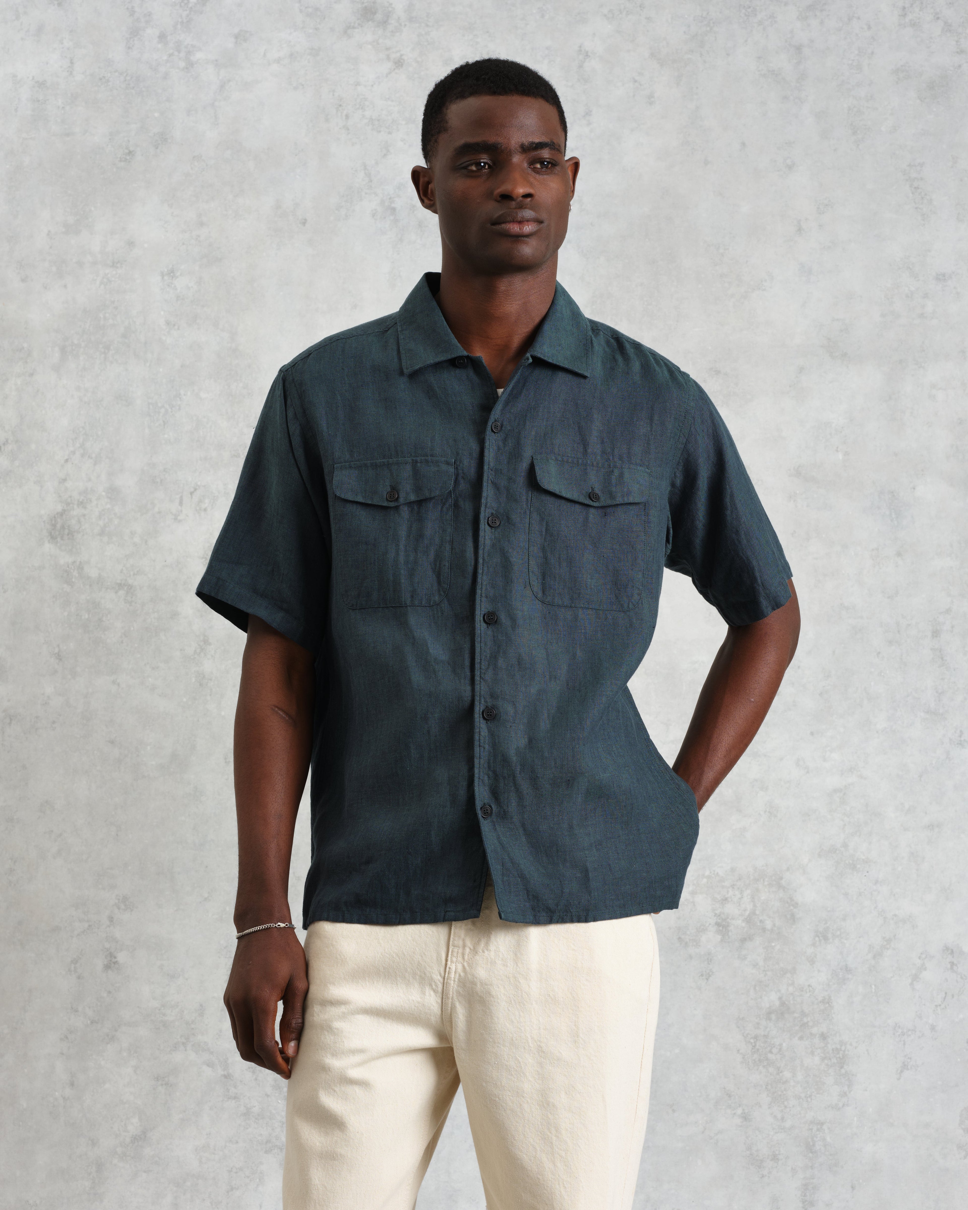 Bartlett - Dark Green Two-Tone Linen Short-Sleeve Shirt