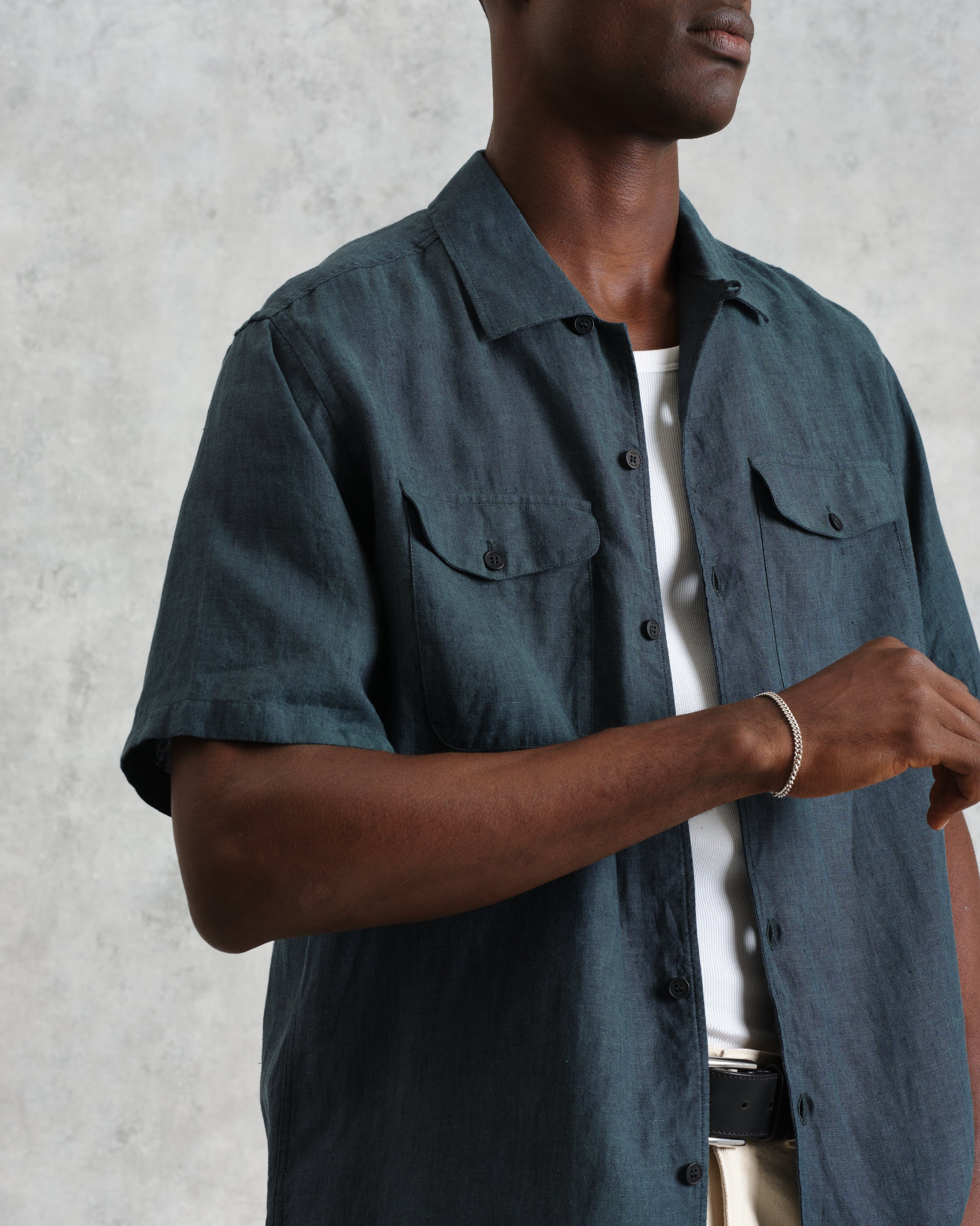 Bartlett - Dark Green Two-Tone Linen Short-Sleeve Shirt
