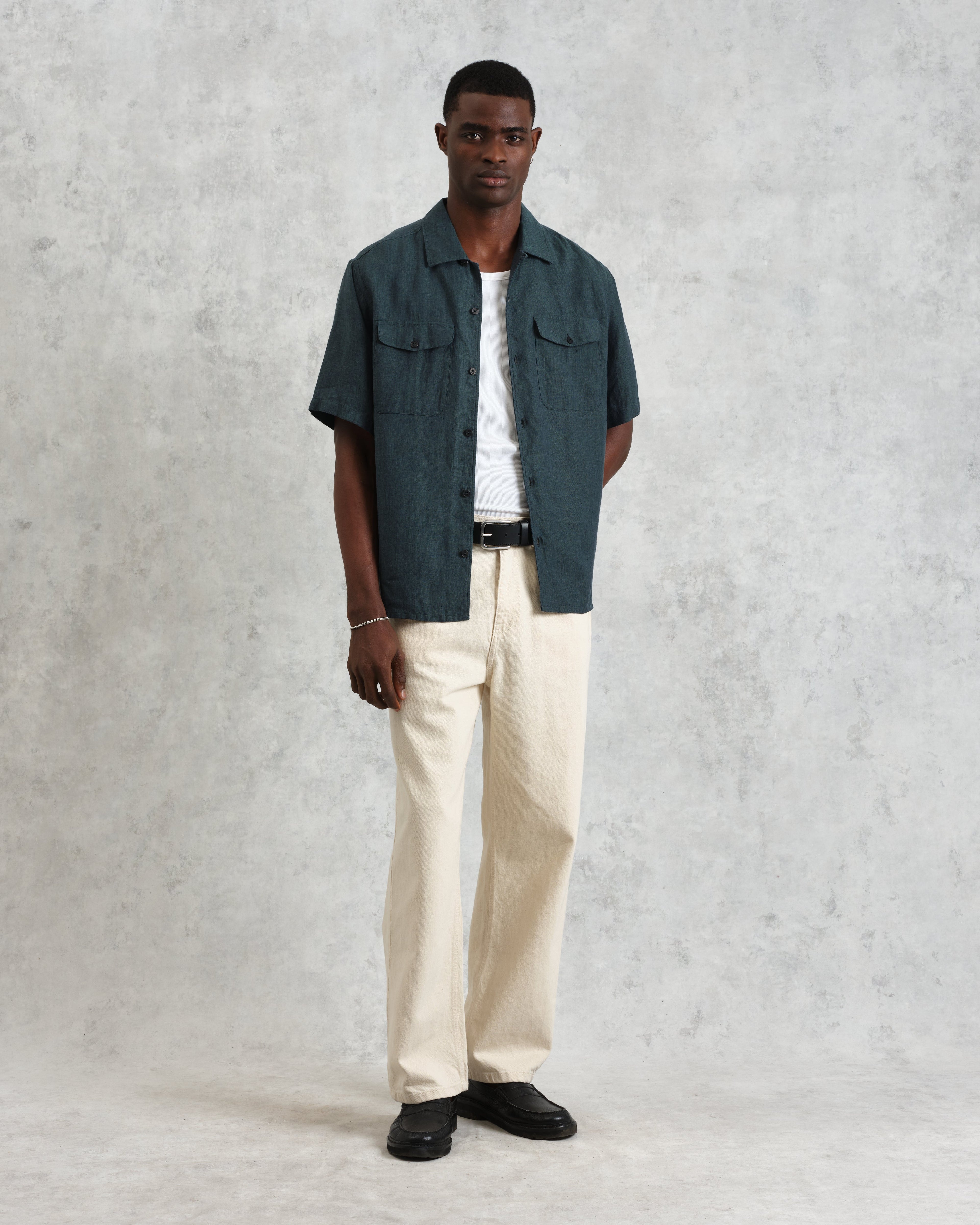 Bartlett - Dark Green Two-Tone Linen Short-Sleeve Shirt