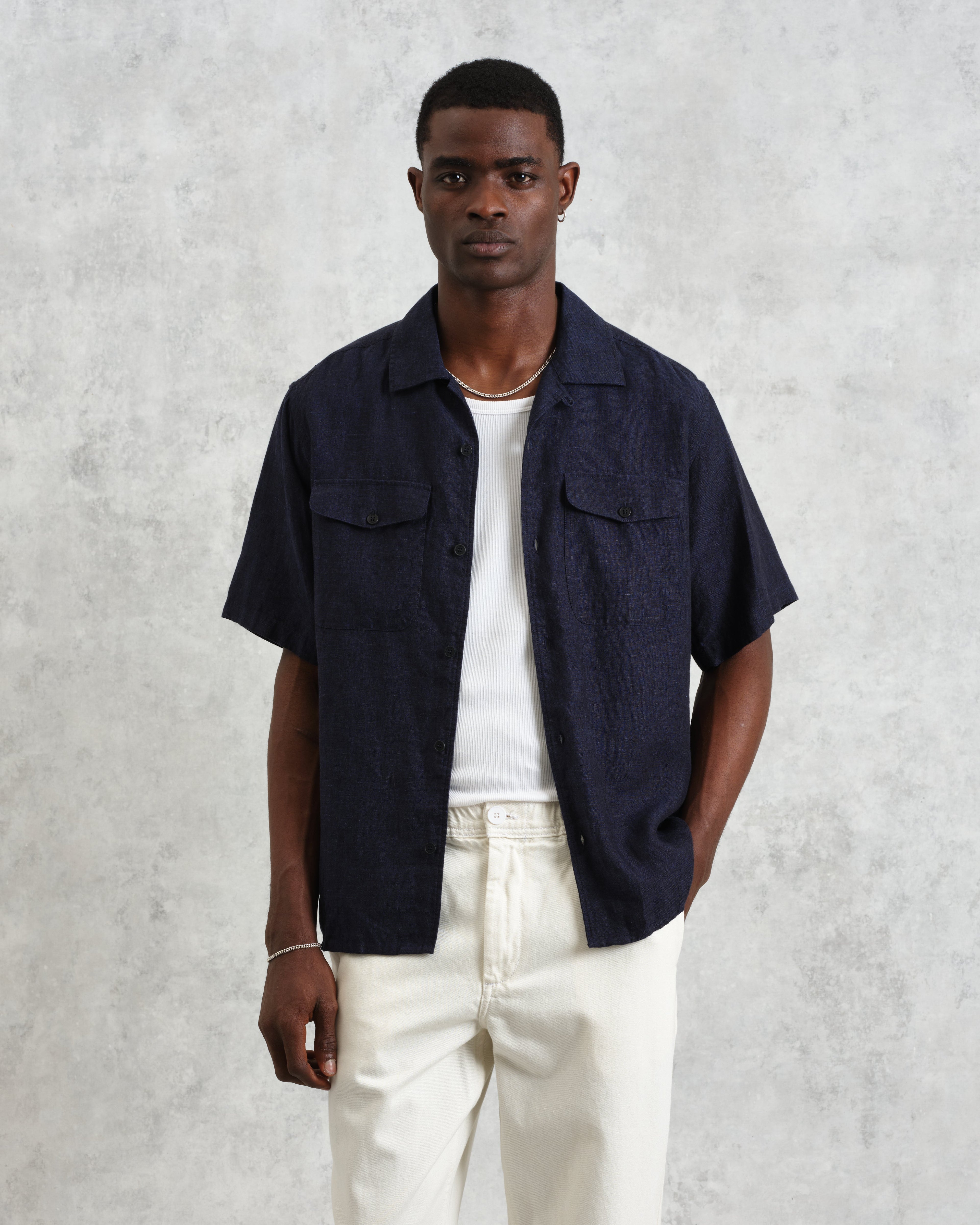 Bartlett - Navy Two-Tone Linen Short-Sleeve Shirt