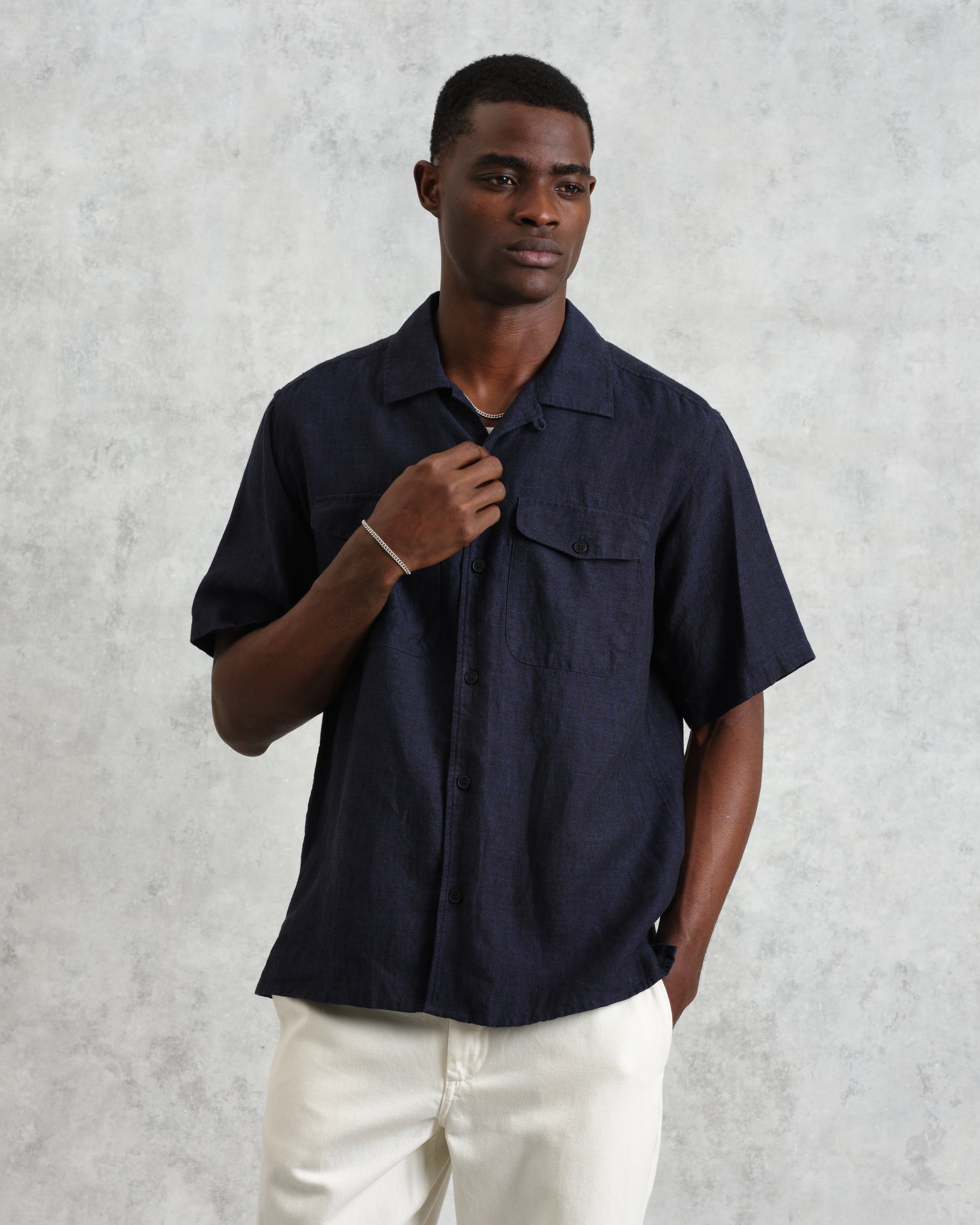 Bartlett - Navy Two-Tone Linen Short-Sleeve Shirt