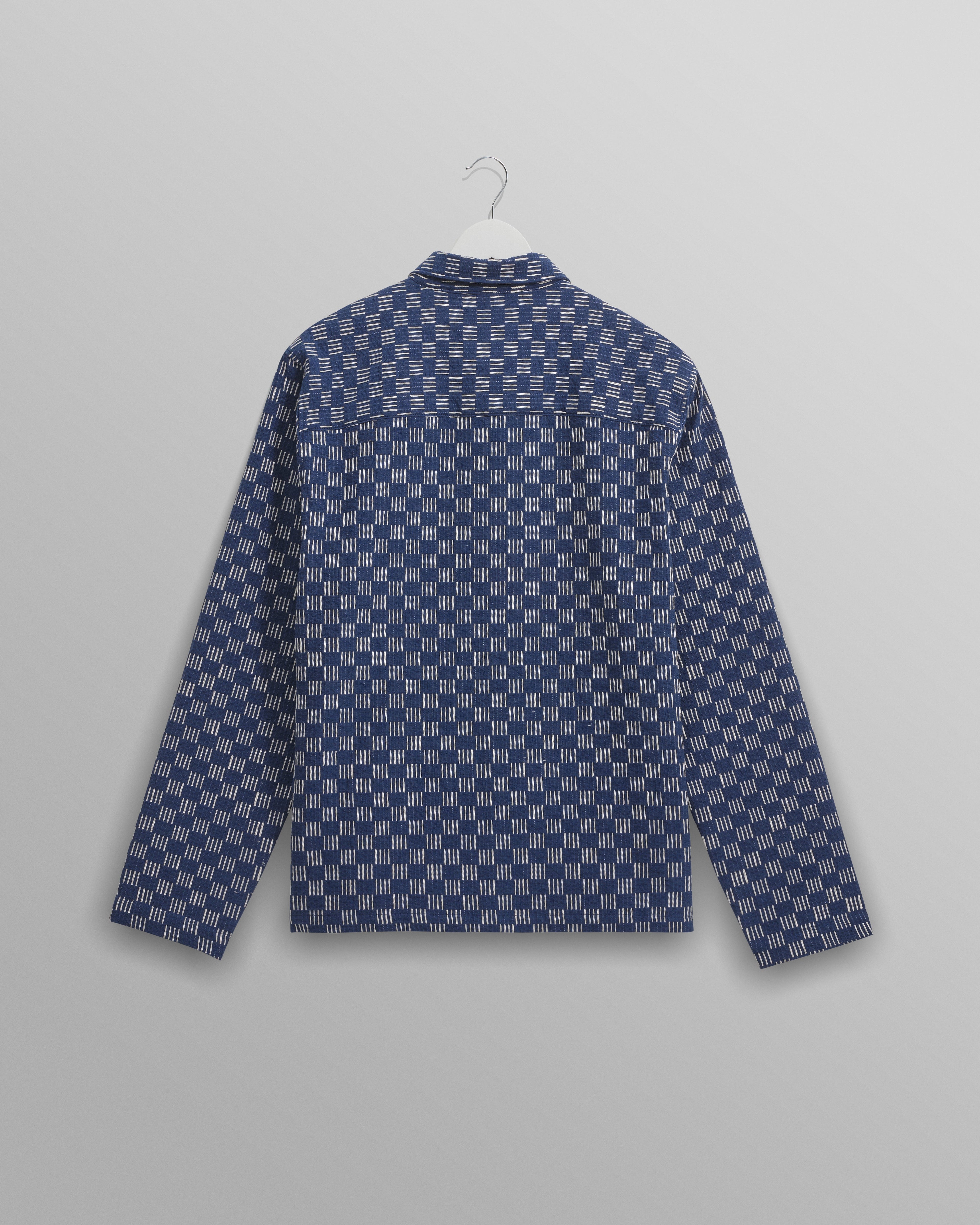 Breton - Indigo And Ecru Geometric Grid Stitch Overshirt