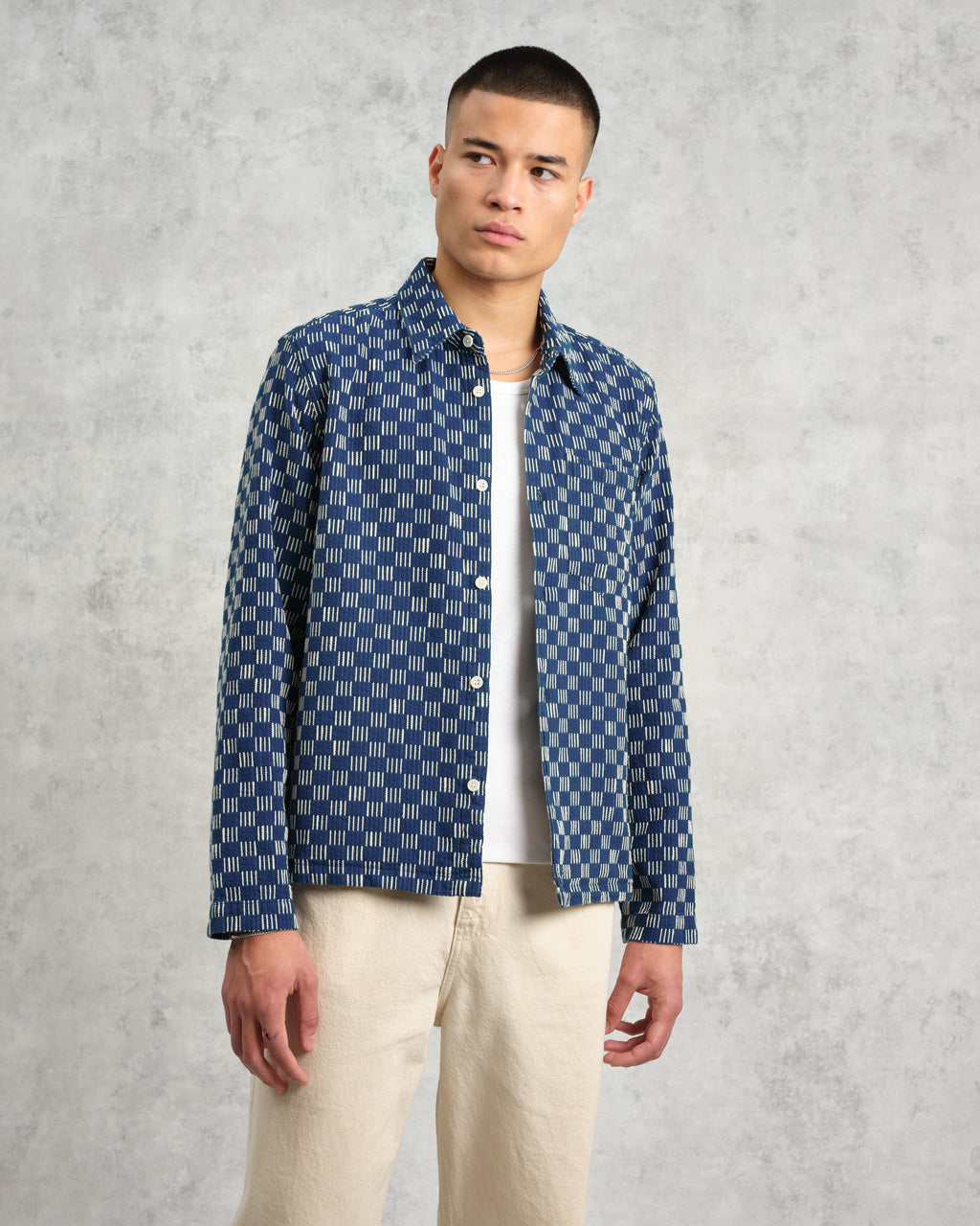 Breton - Indigo And Ecru Geometric Grid Stitch Overshirt