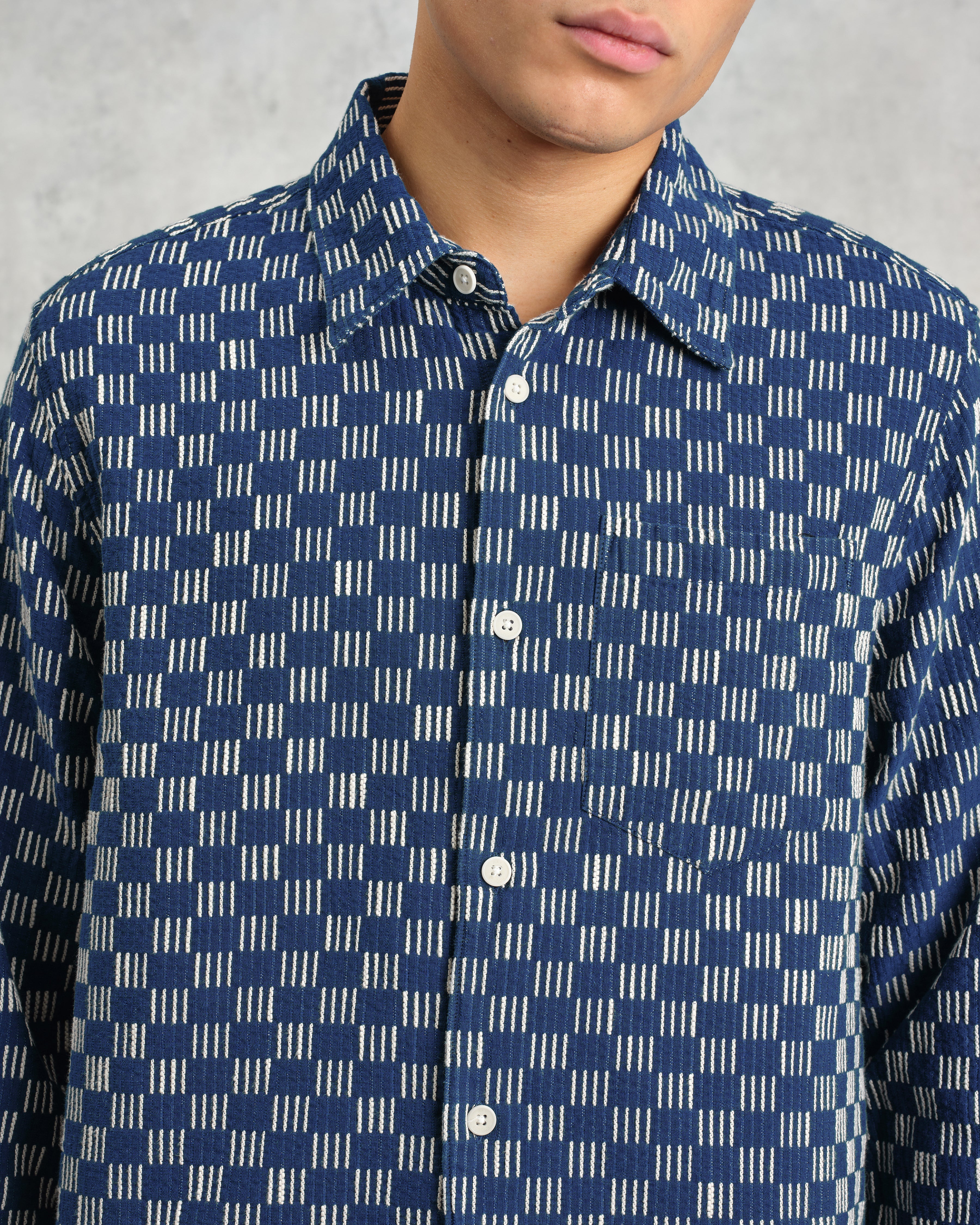 Breton - Indigo And Ecru Geometric Grid Stitch Overshirt