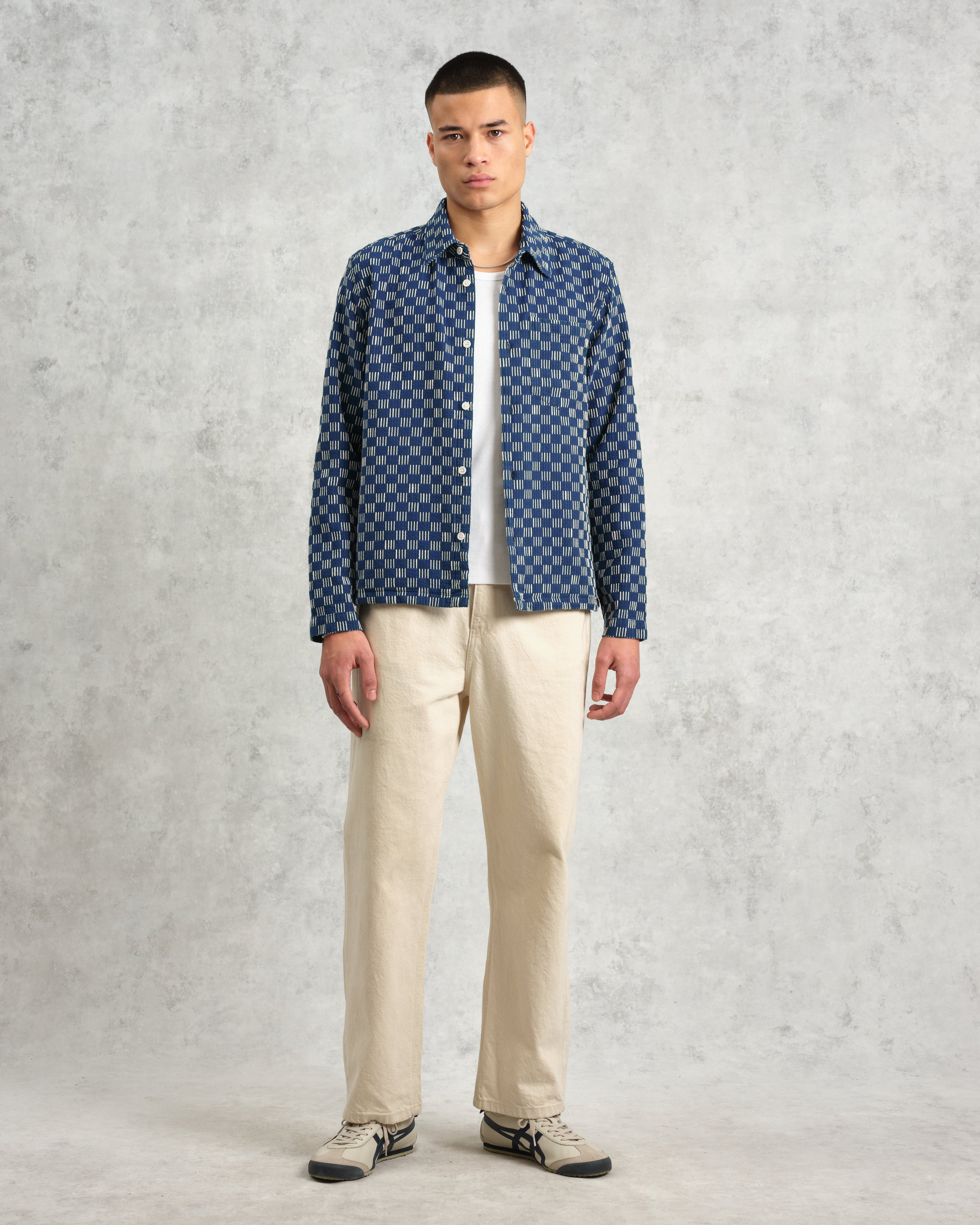 Breton - Indigo And Ecru Geometric Grid Stitch Overshirt