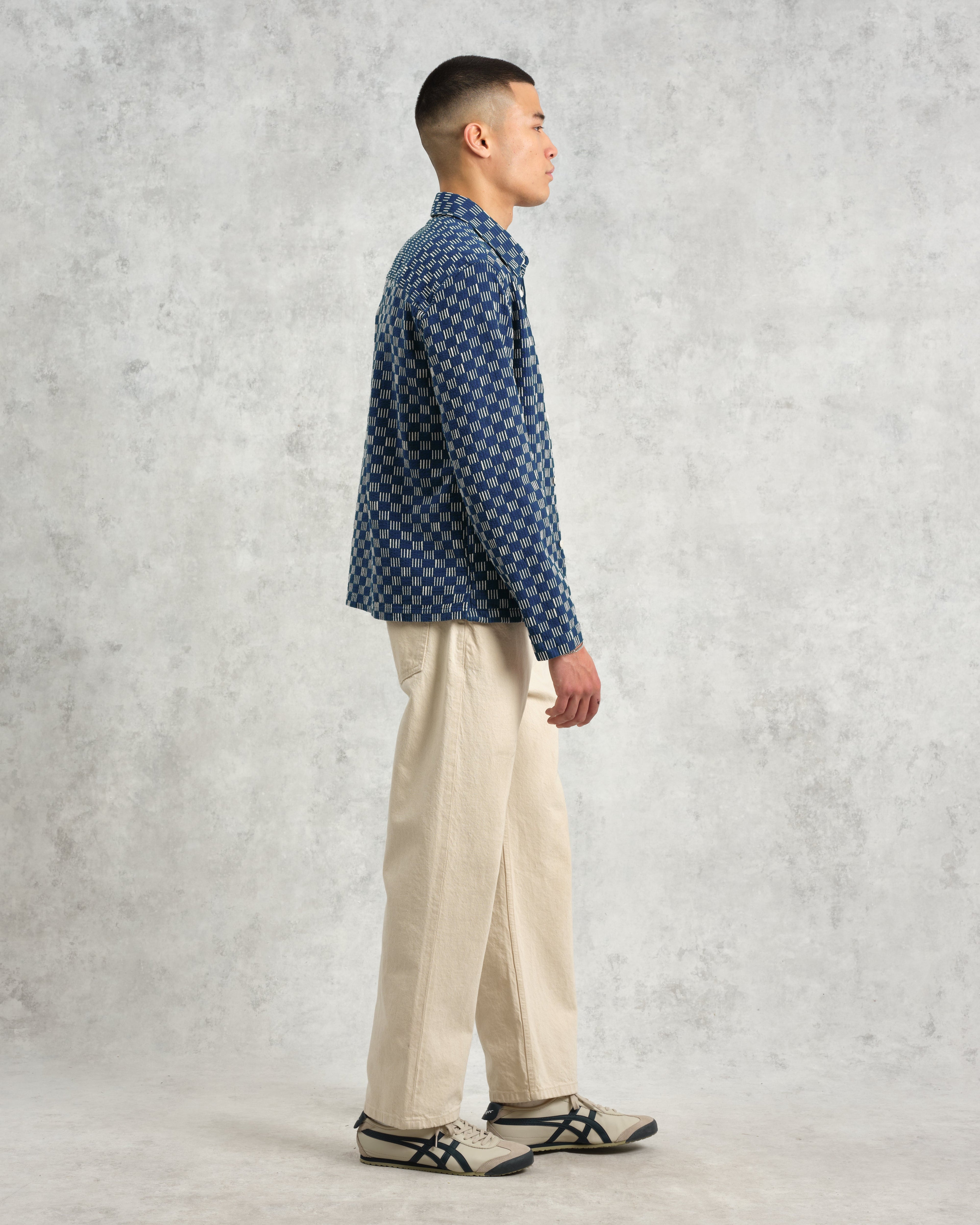 Breton - Indigo And Ecru Geometric Grid Stitch Overshirt