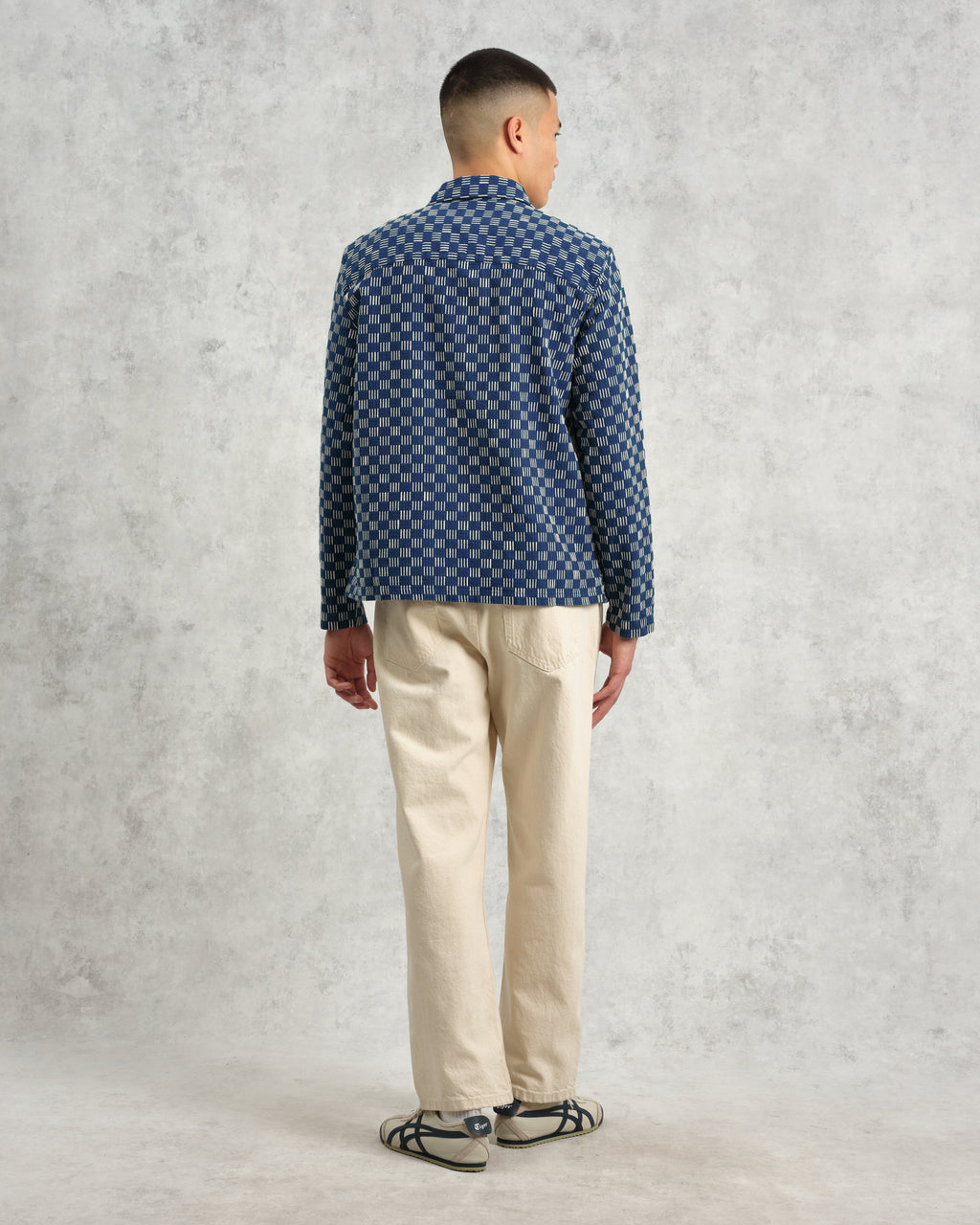 Breton - Indigo And Ecru Geometric Grid Stitch Overshirt