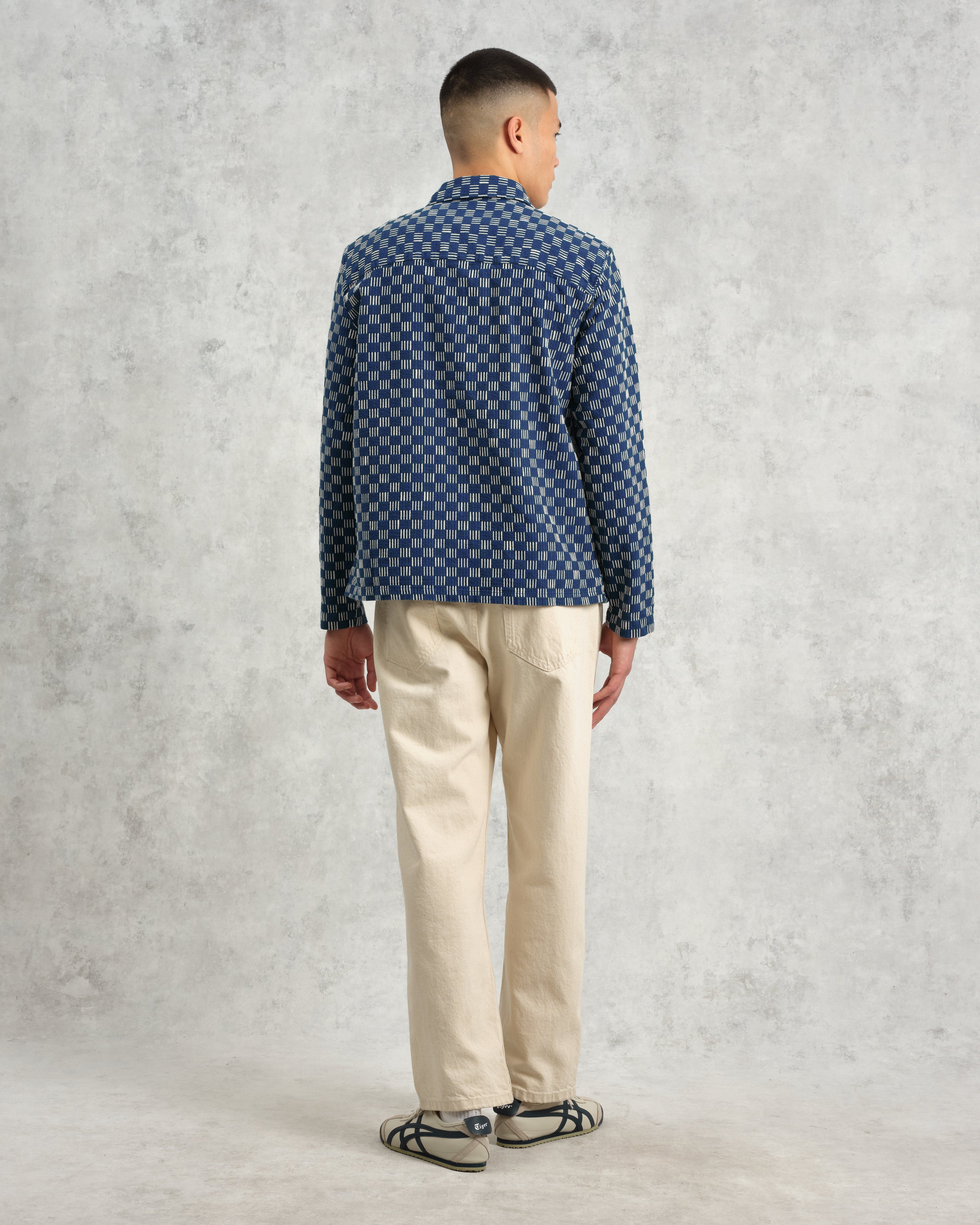 Breton - Indigo And Ecru Geometric Grid Stitch Overshirt