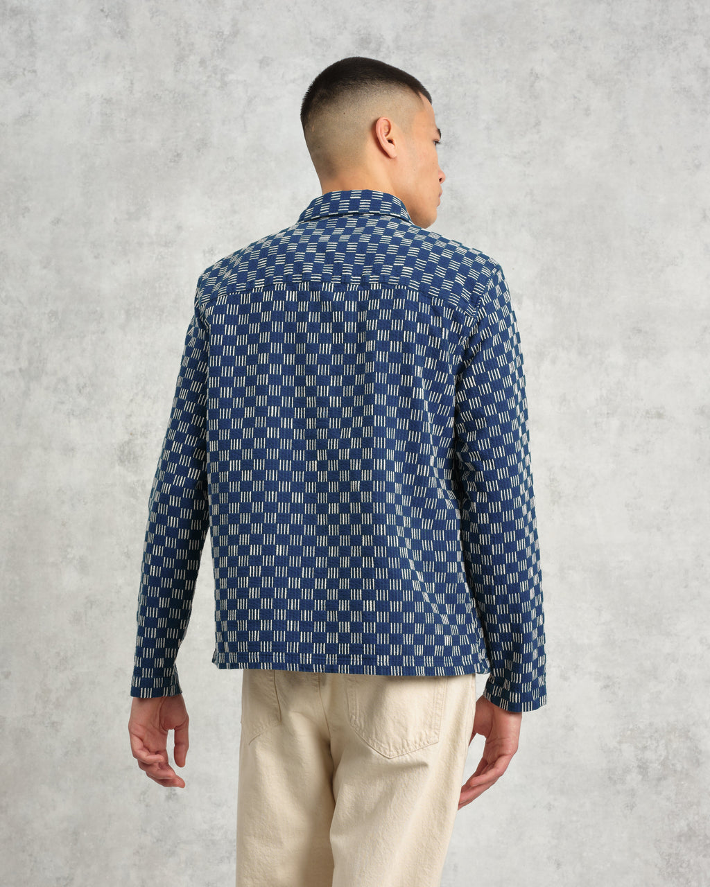 Breton - Indigo And Ecru Geometric Grid Stitch Overshirt