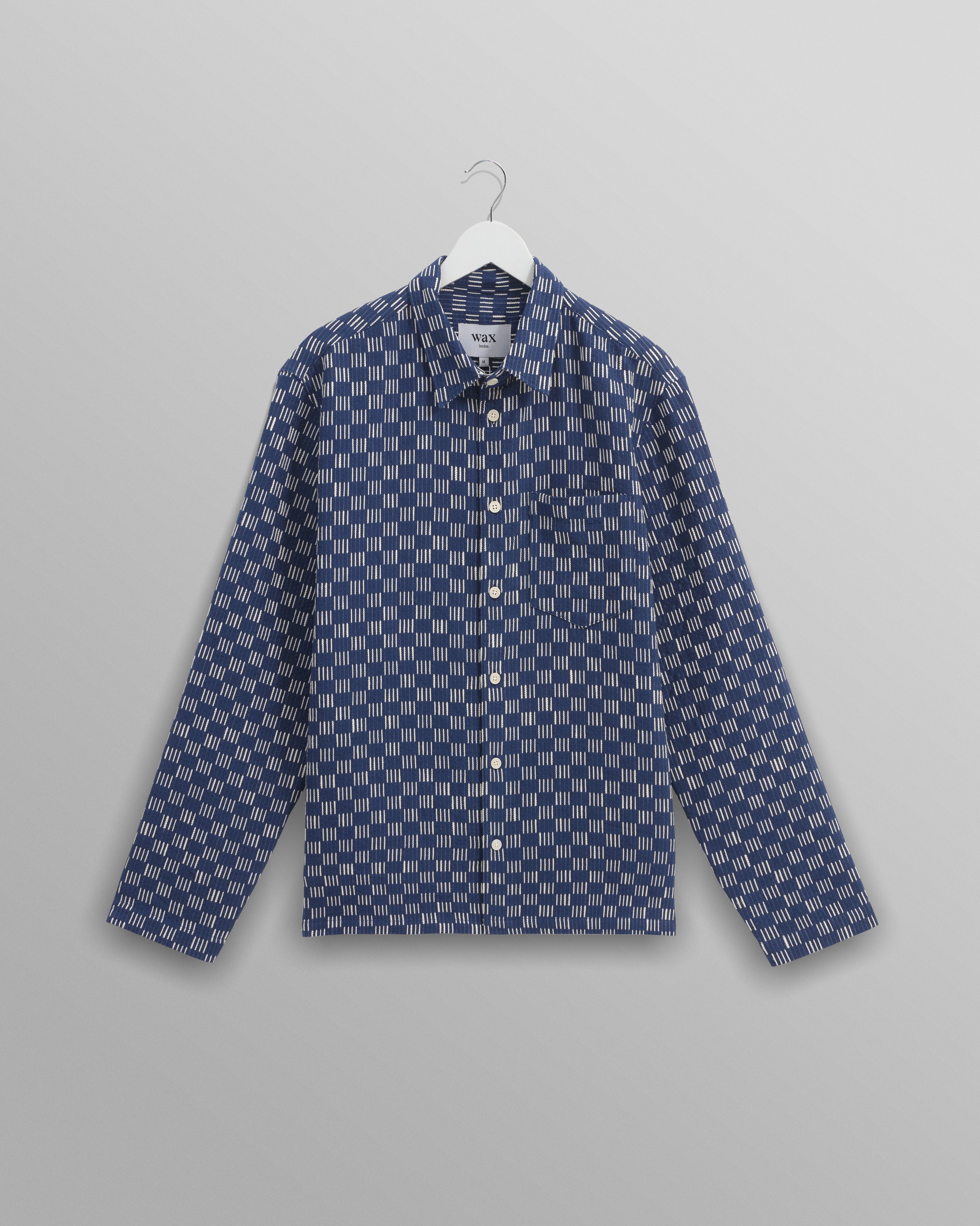 Breton - Indigo And Ecru Geometric Grid Stitch Overshirt