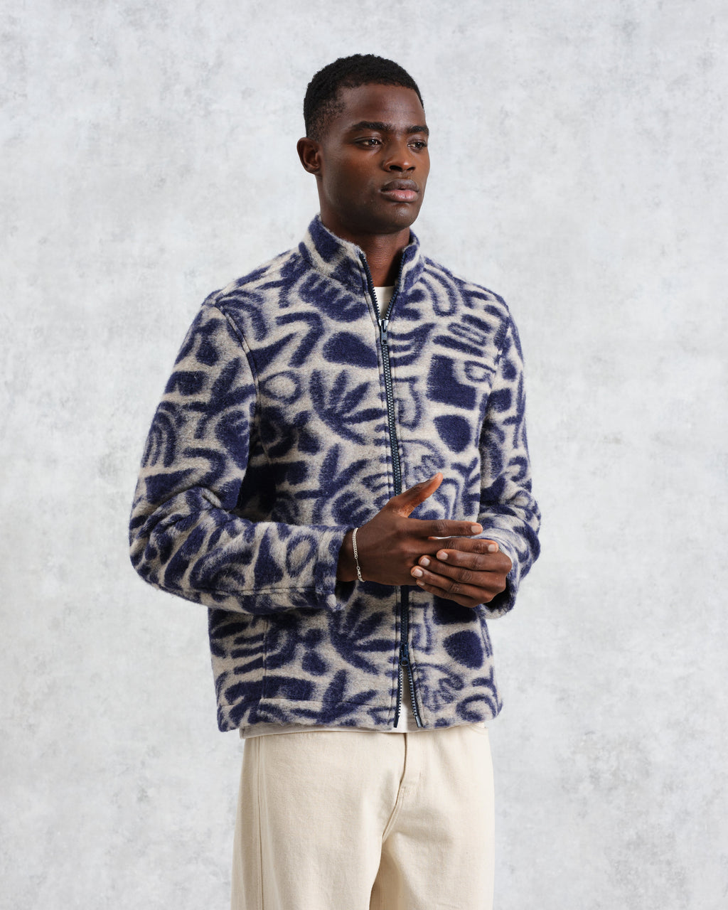 Cozi - Ecru And Navy Squiggle Fleece Jacket
