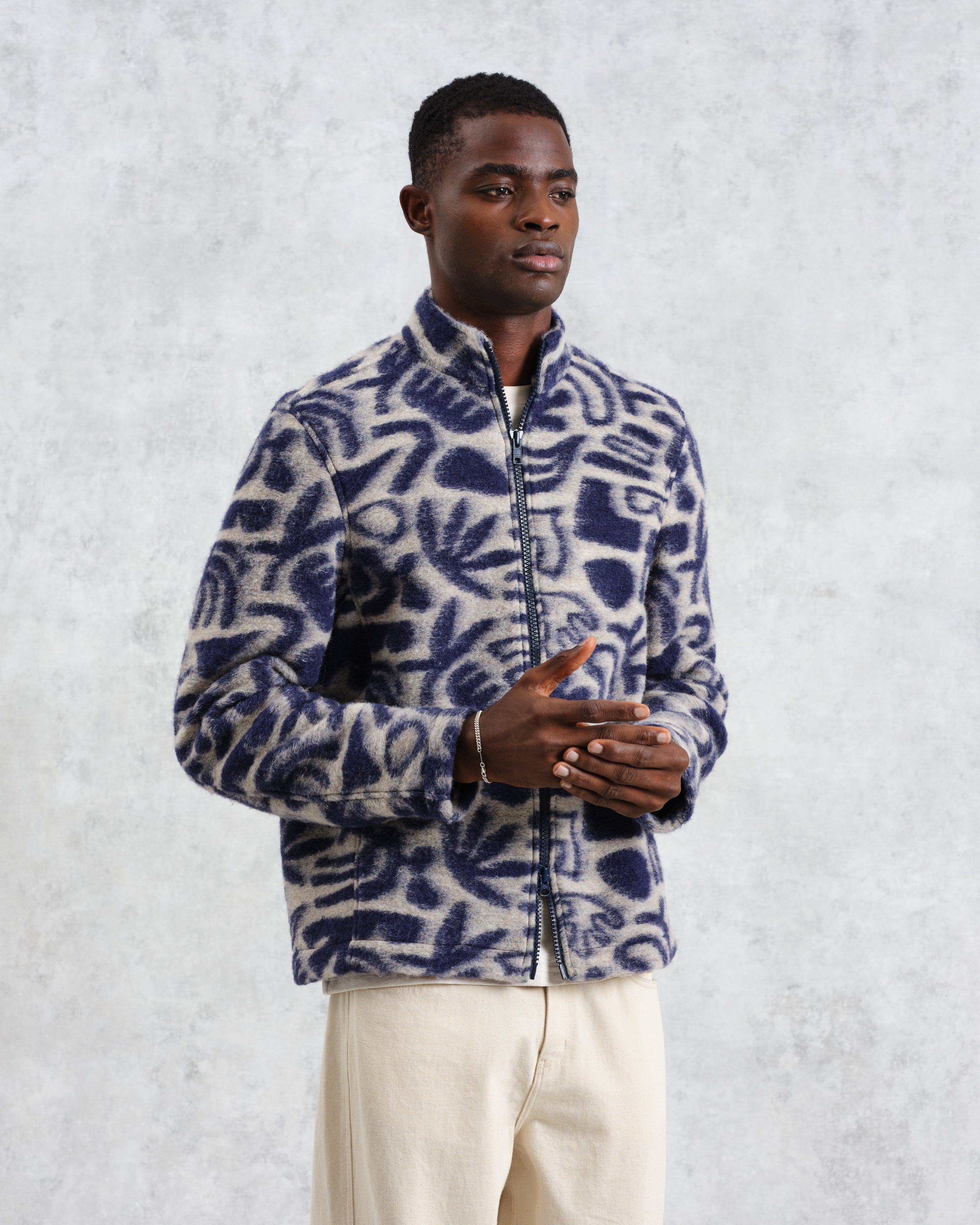 Cozi - Ecru And Navy Squiggle Fleece Jacket