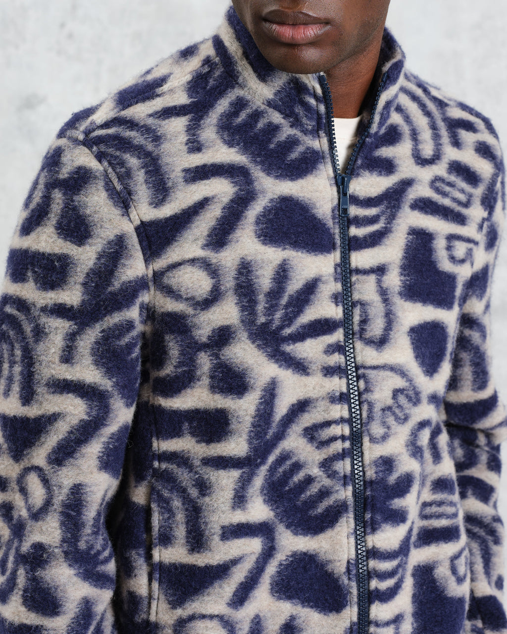 Cozi - Ecru And Navy Squiggle Fleece Jacket