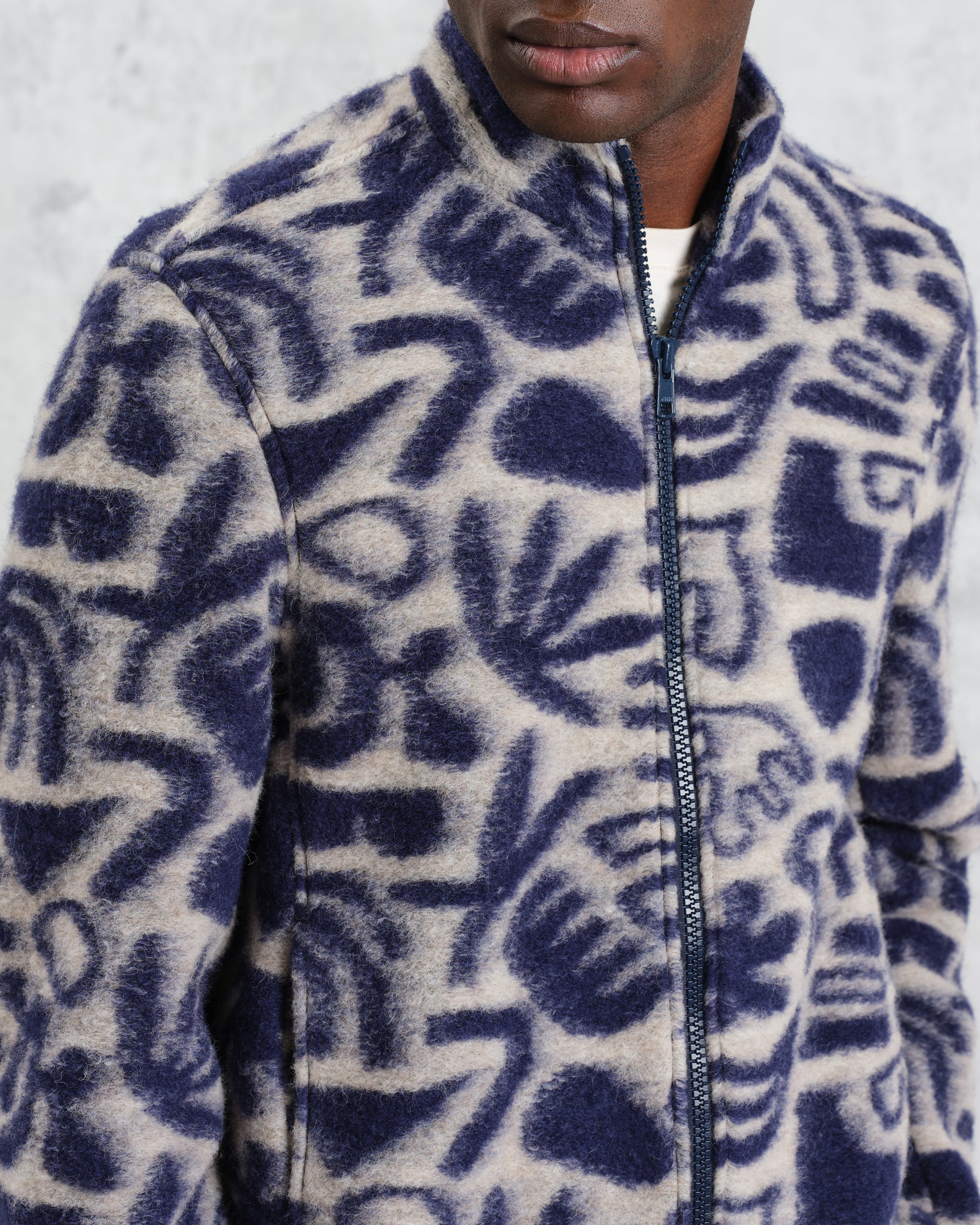 Cozi - Ecru And Navy Squiggle Fleece Jacket