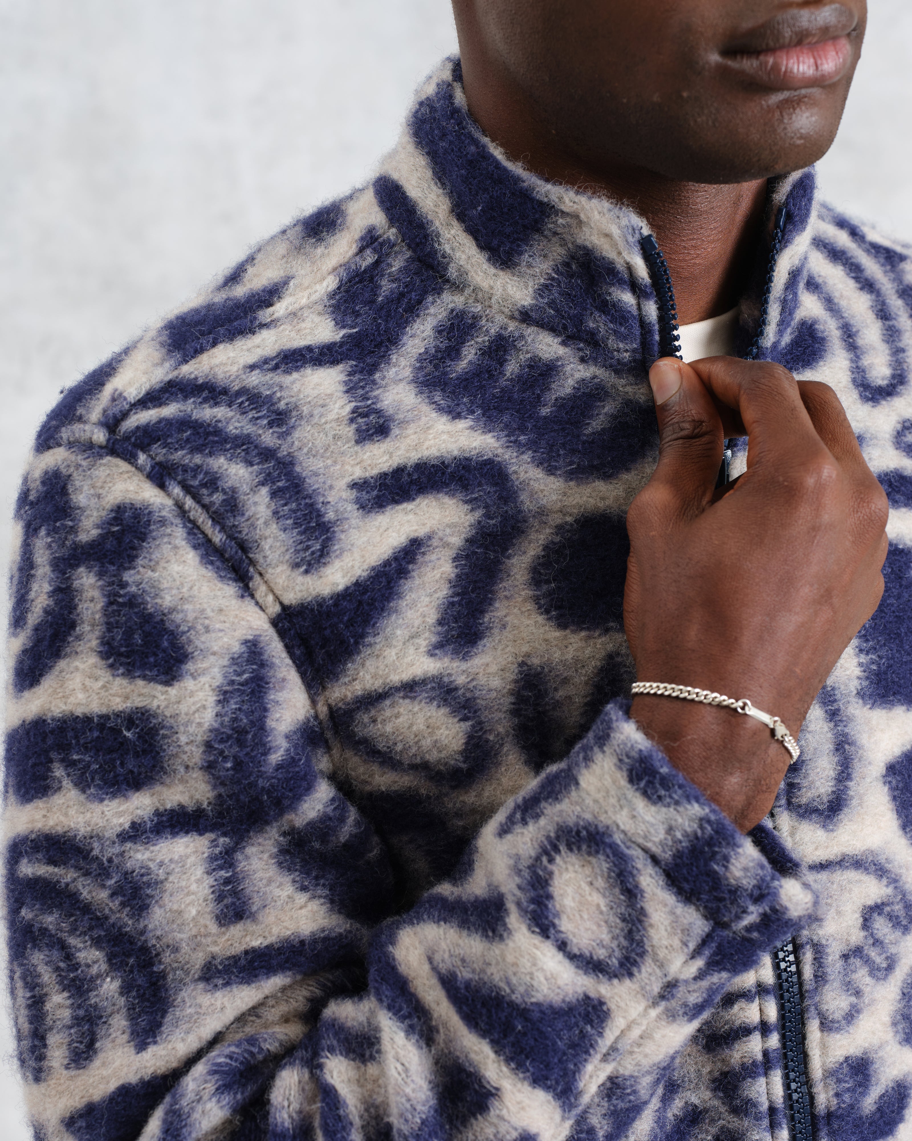 Cozi - Ecru And Navy Squiggle Fleece Jacket