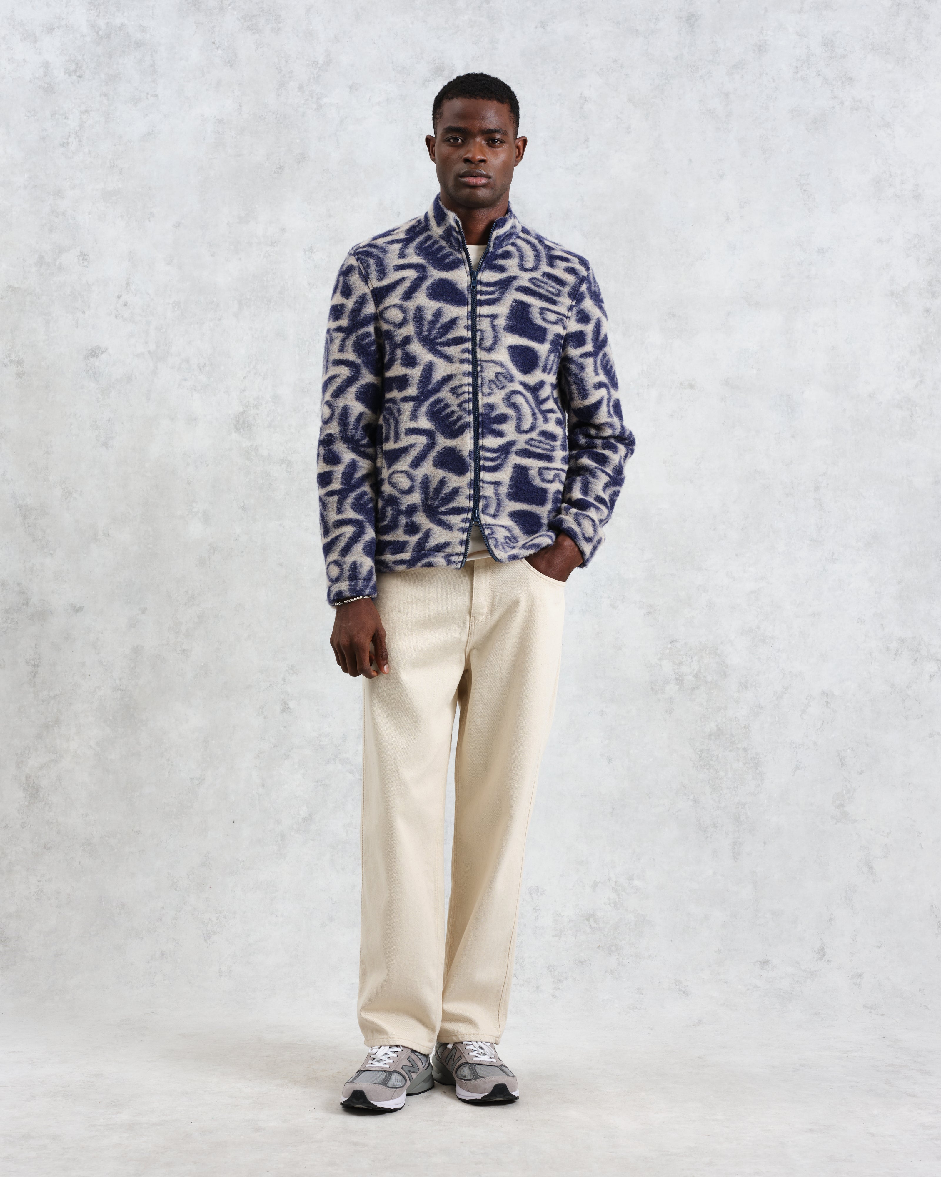 Cozi - Ecru And Navy Squiggle Fleece Jacket