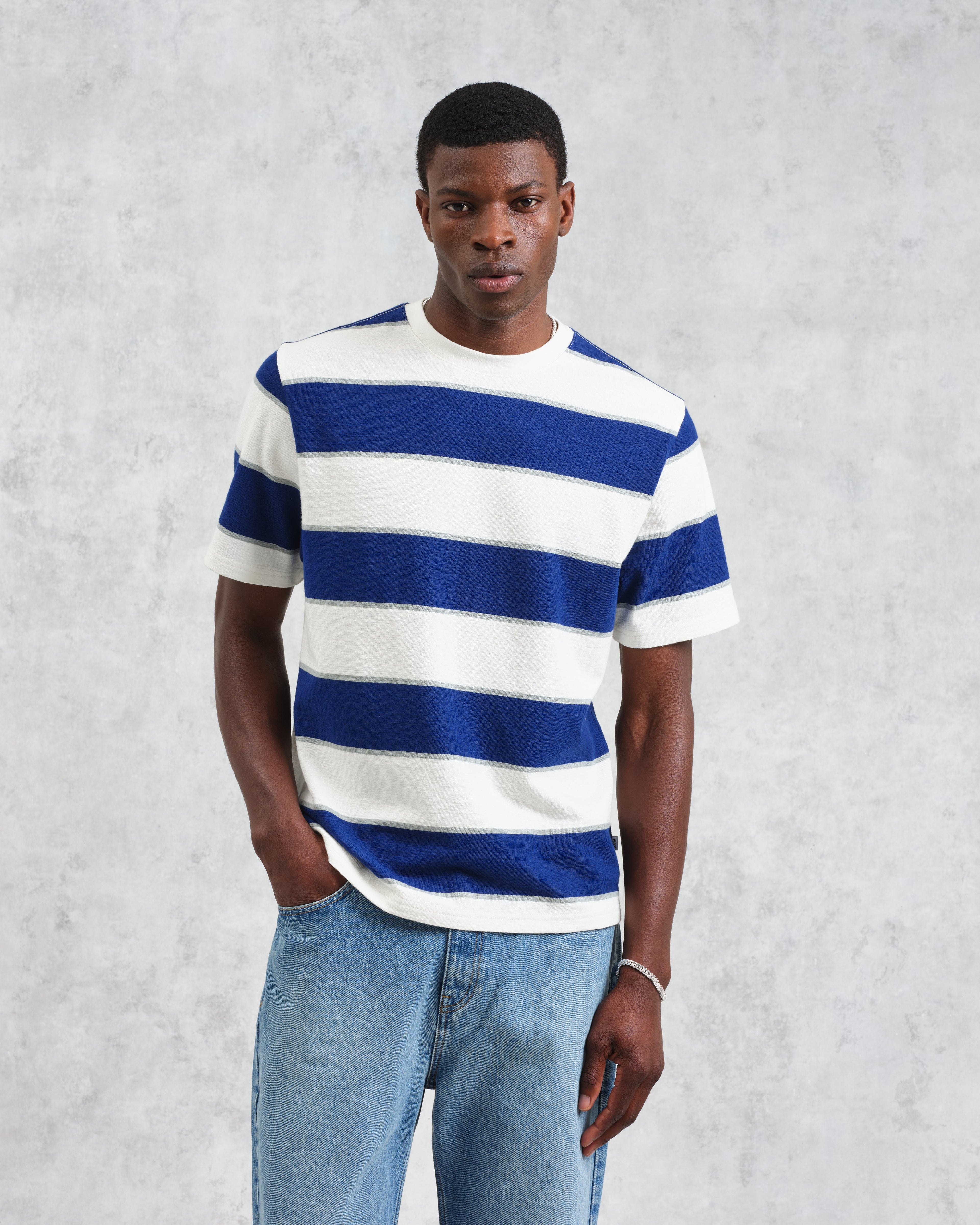 Dean - Blue And Ecru Stripe Textured Organic Cotton T-Shirt