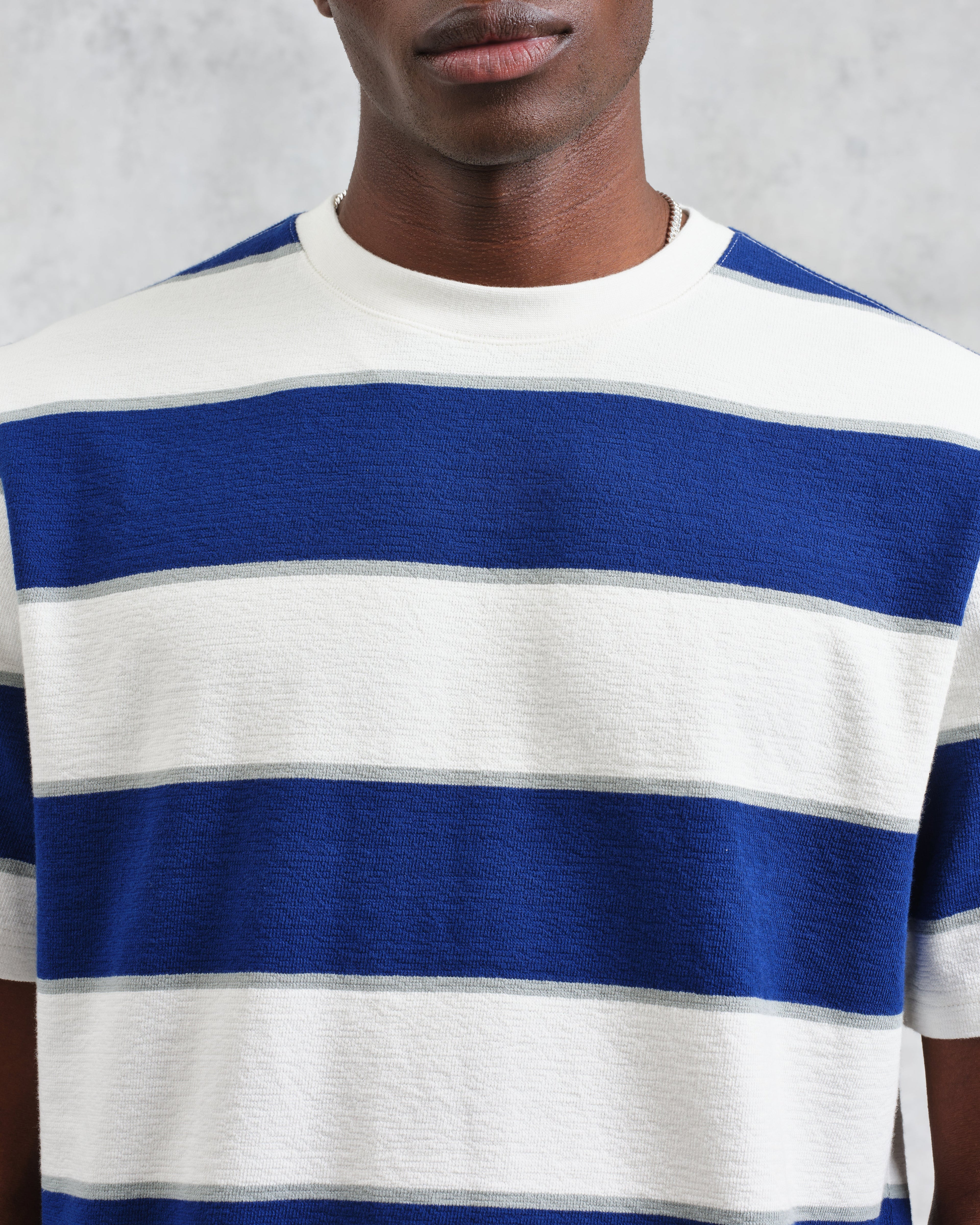 Dean - Blue And Ecru Stripe Textured Organic Cotton T-Shirt