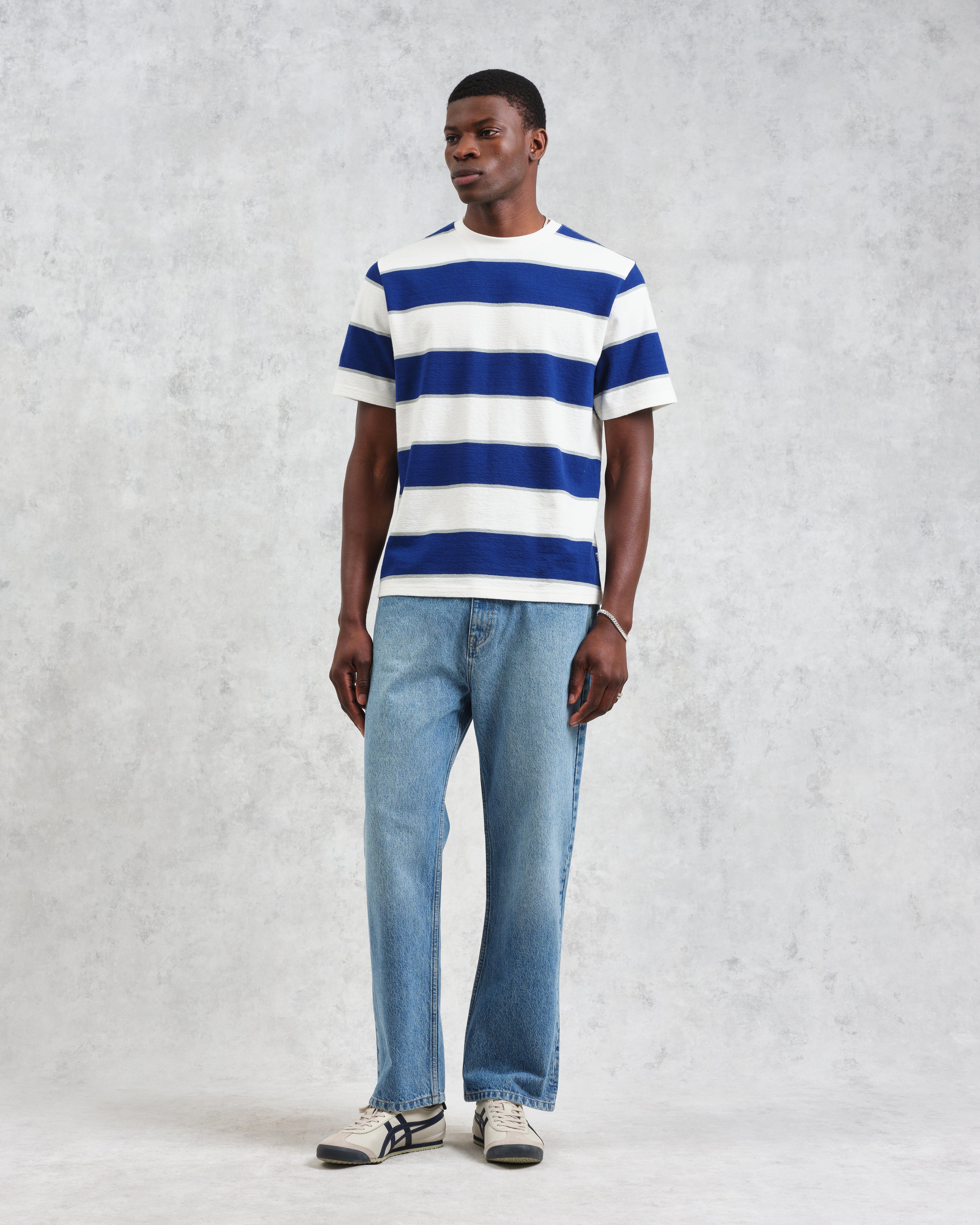 Dean - Blue And Ecru Stripe Textured Organic Cotton T-Shirt