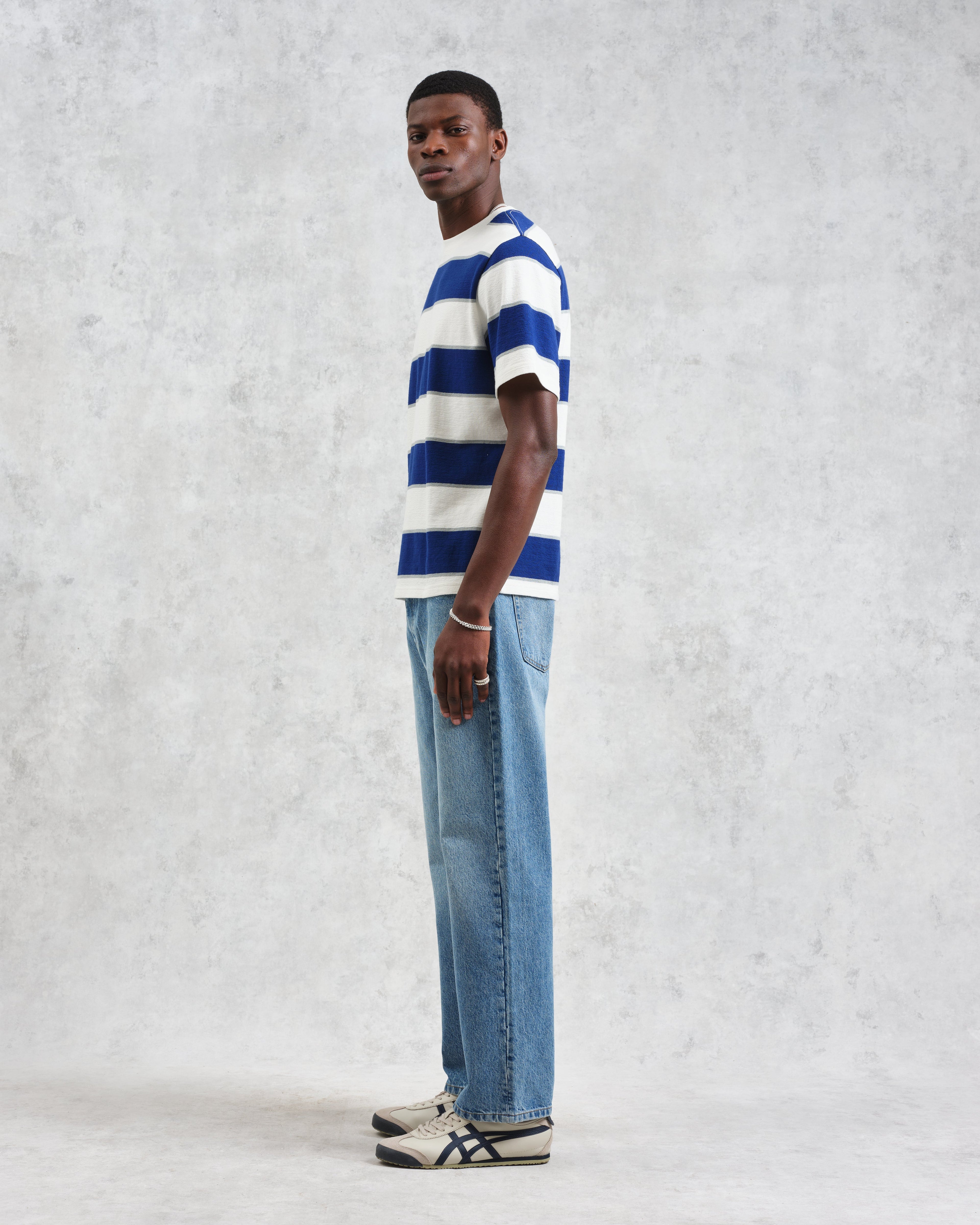 Dean - Blue And Ecru Stripe Textured Organic Cotton T-Shirt