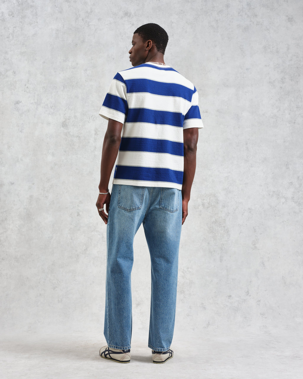 Dean - Blue And Ecru Stripe Textured Organic Cotton T-Shirt