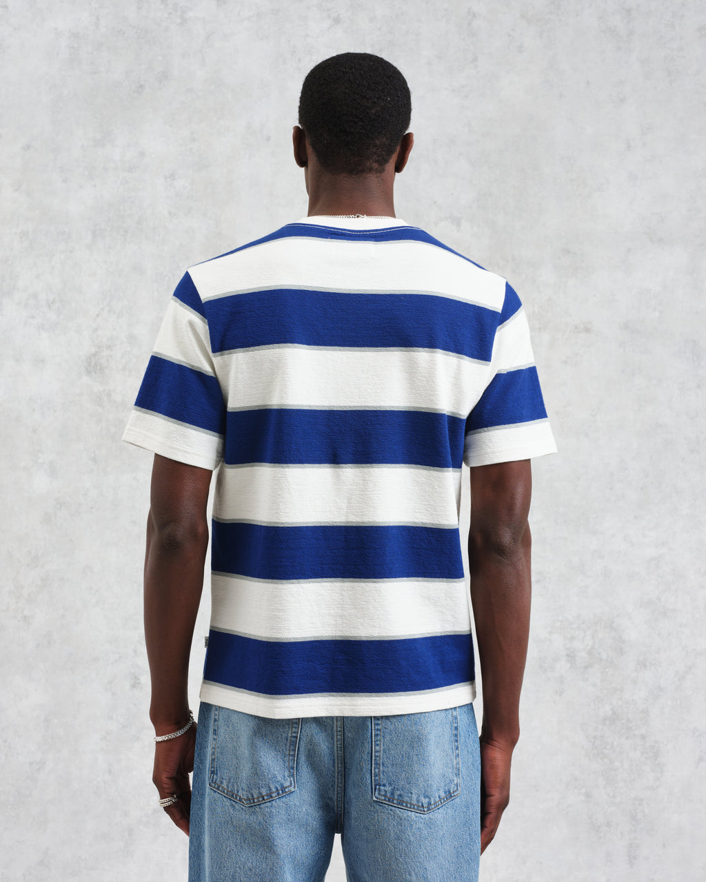 Dean - Blue And Ecru Stripe Textured Organic Cotton T-Shirt