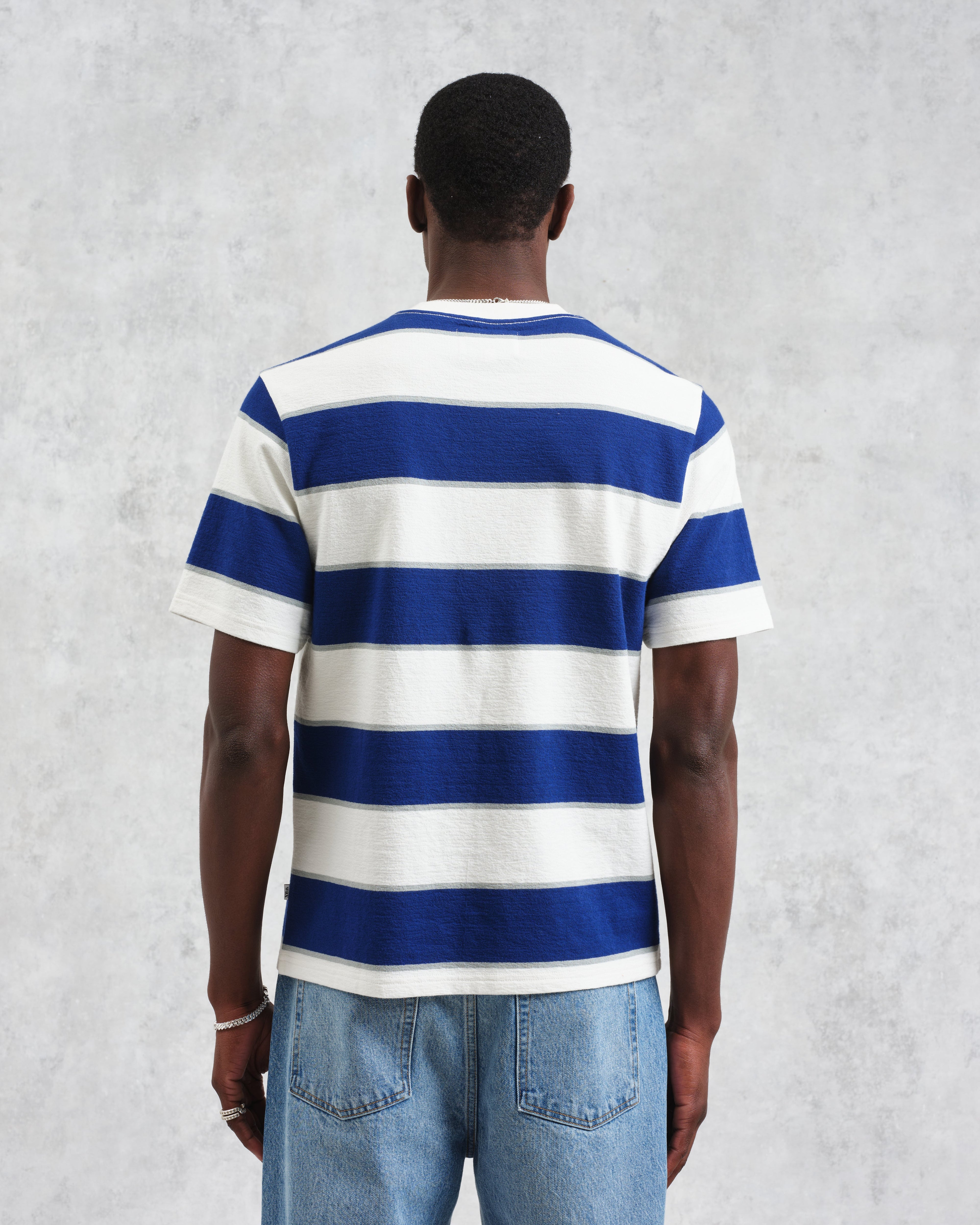 Dean - Blue And Ecru Stripe Textured Organic Cotton T-Shirt