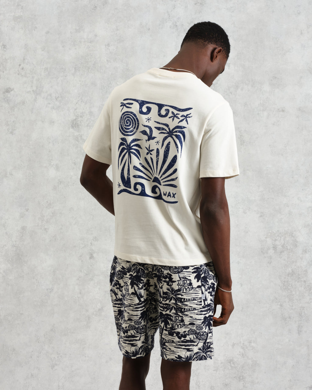 Dean - Ecru And Blue Doodle Scene Graphic Cotton T-Shirt