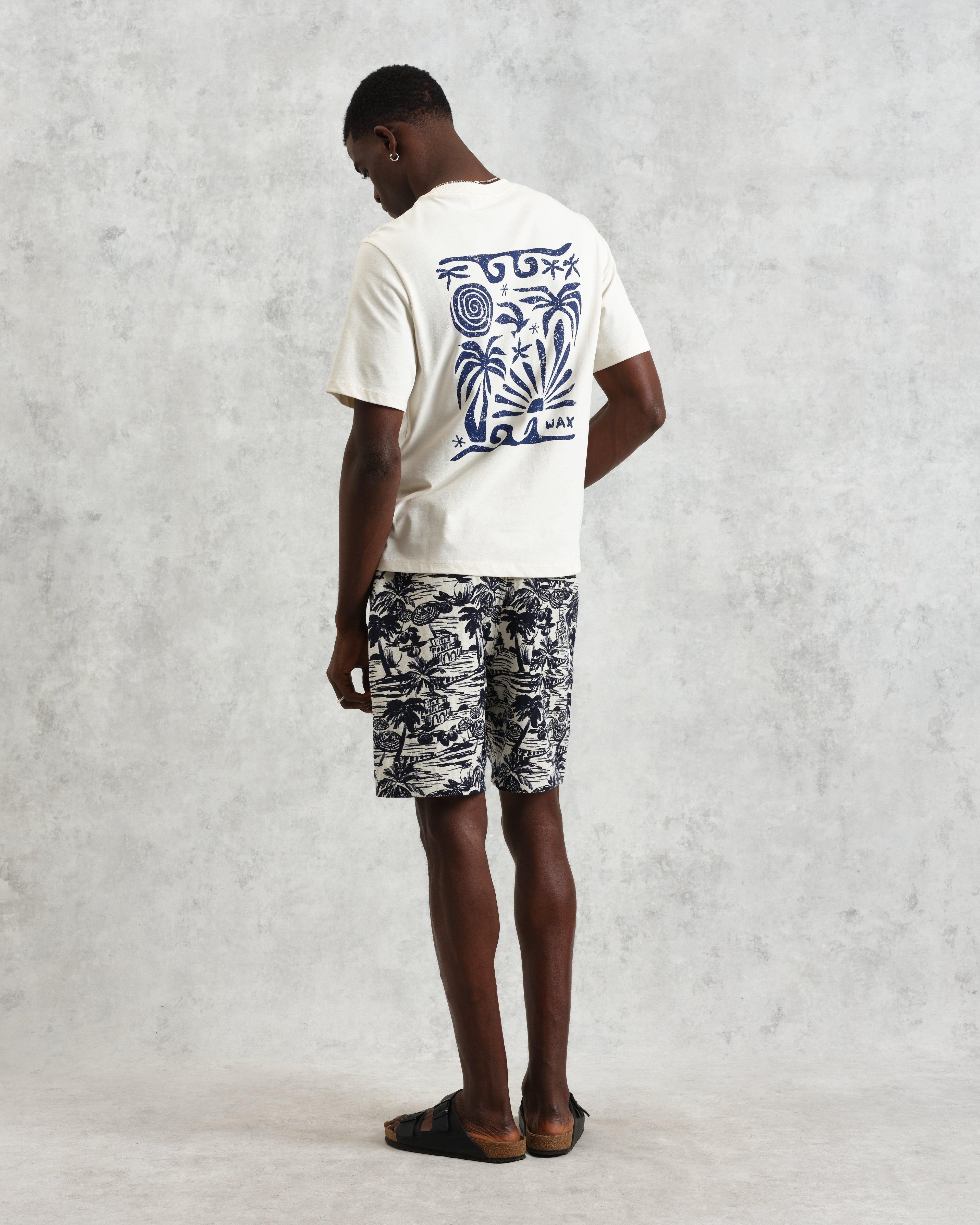 Dean - Ecru And Blue Doodle Scene Graphic Cotton T-Shirt