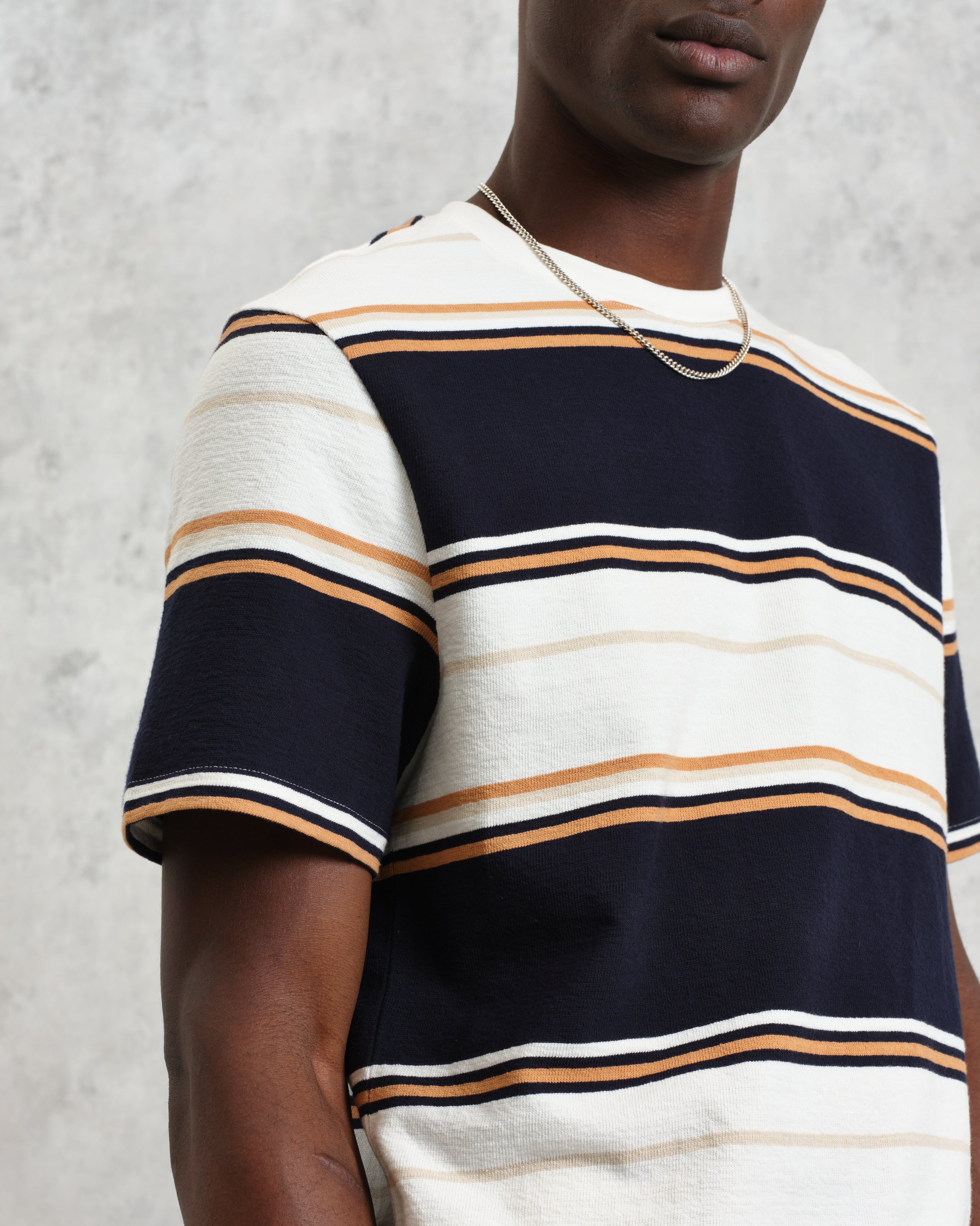 Dean - Navy And Ecru Stripe Textured Organic Cotton T-Shirt