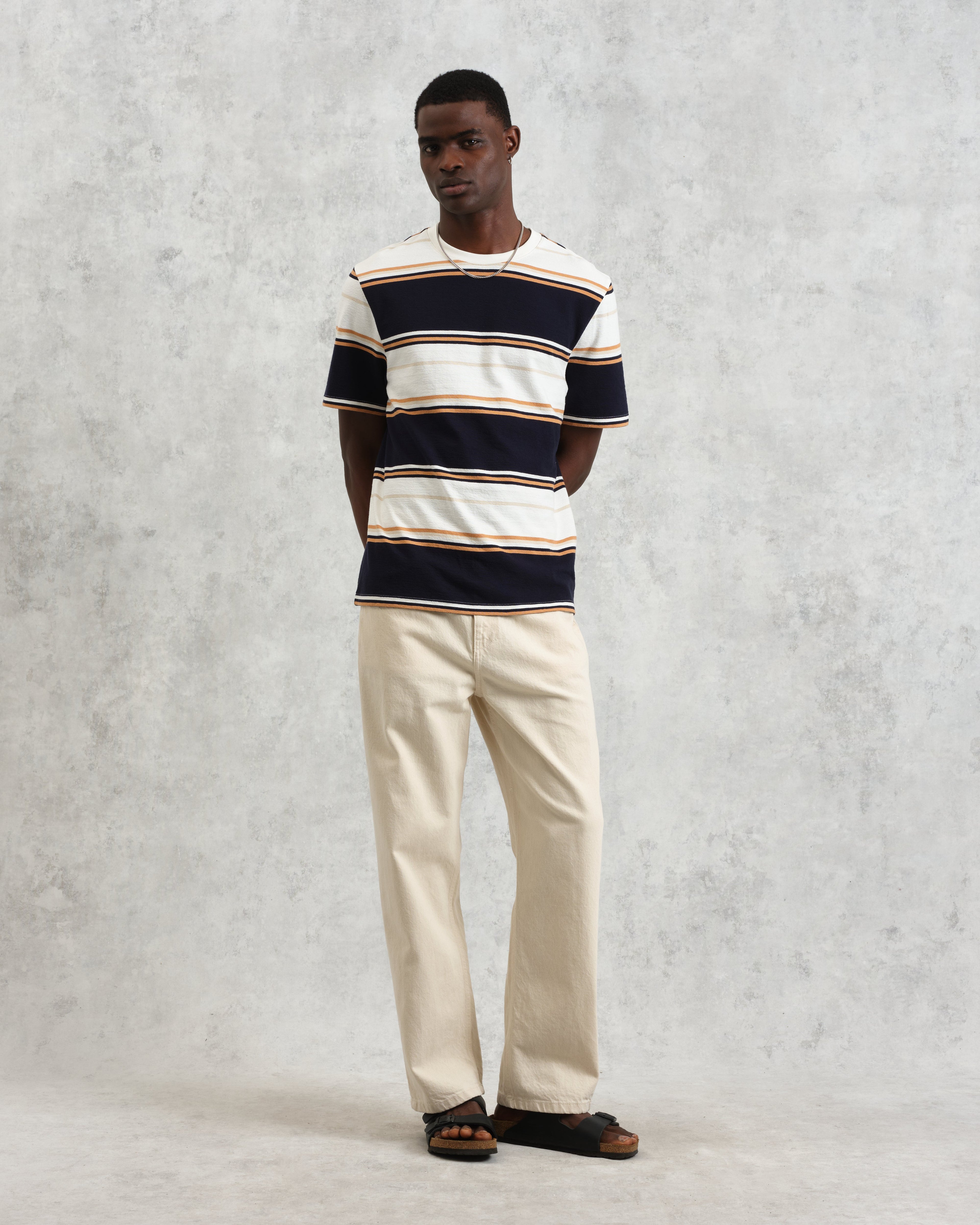 Dean - Navy And Ecru Stripe Textured Organic Cotton T-Shirt