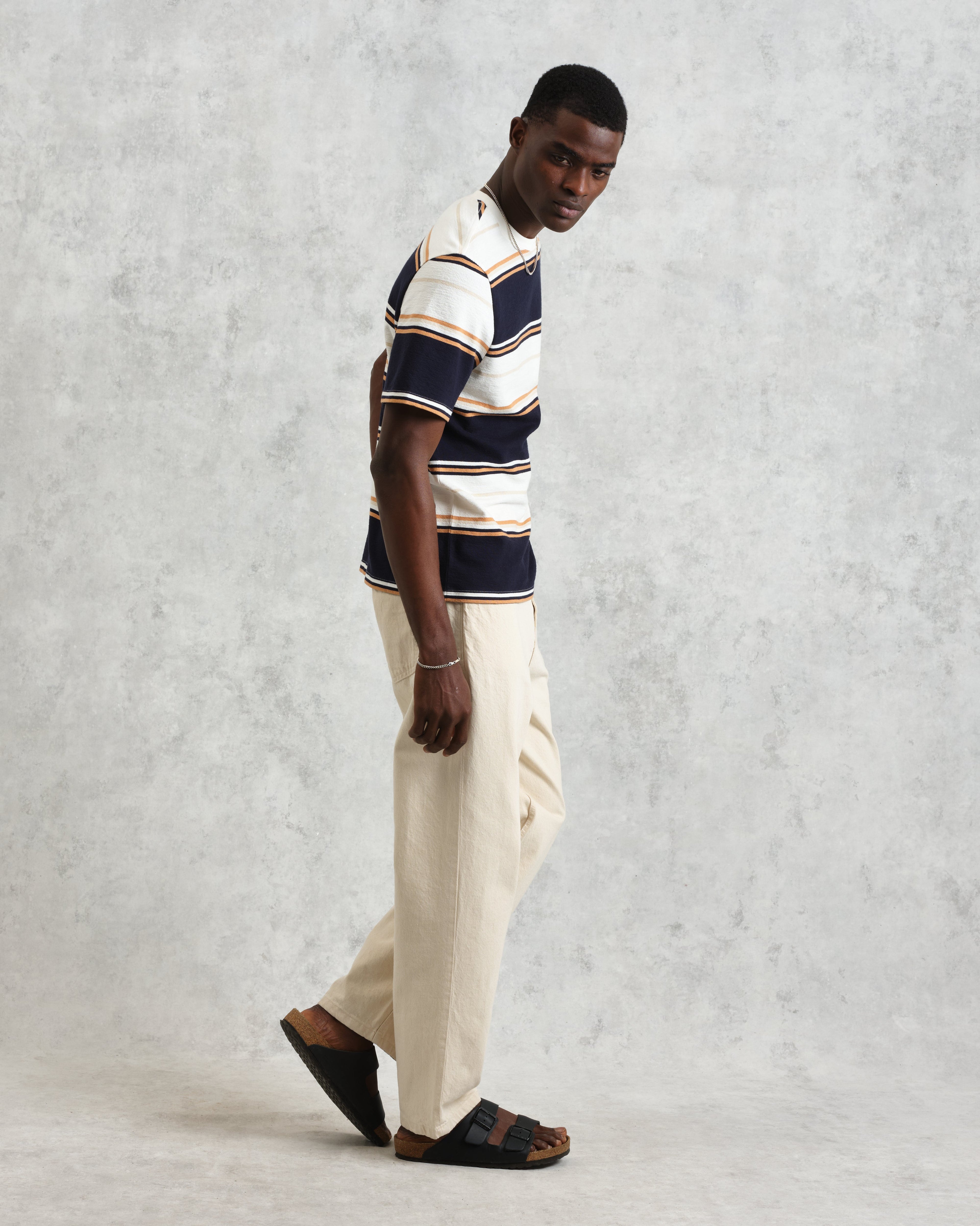 Dean - Navy And Ecru Stripe Textured Organic Cotton T-Shirt
