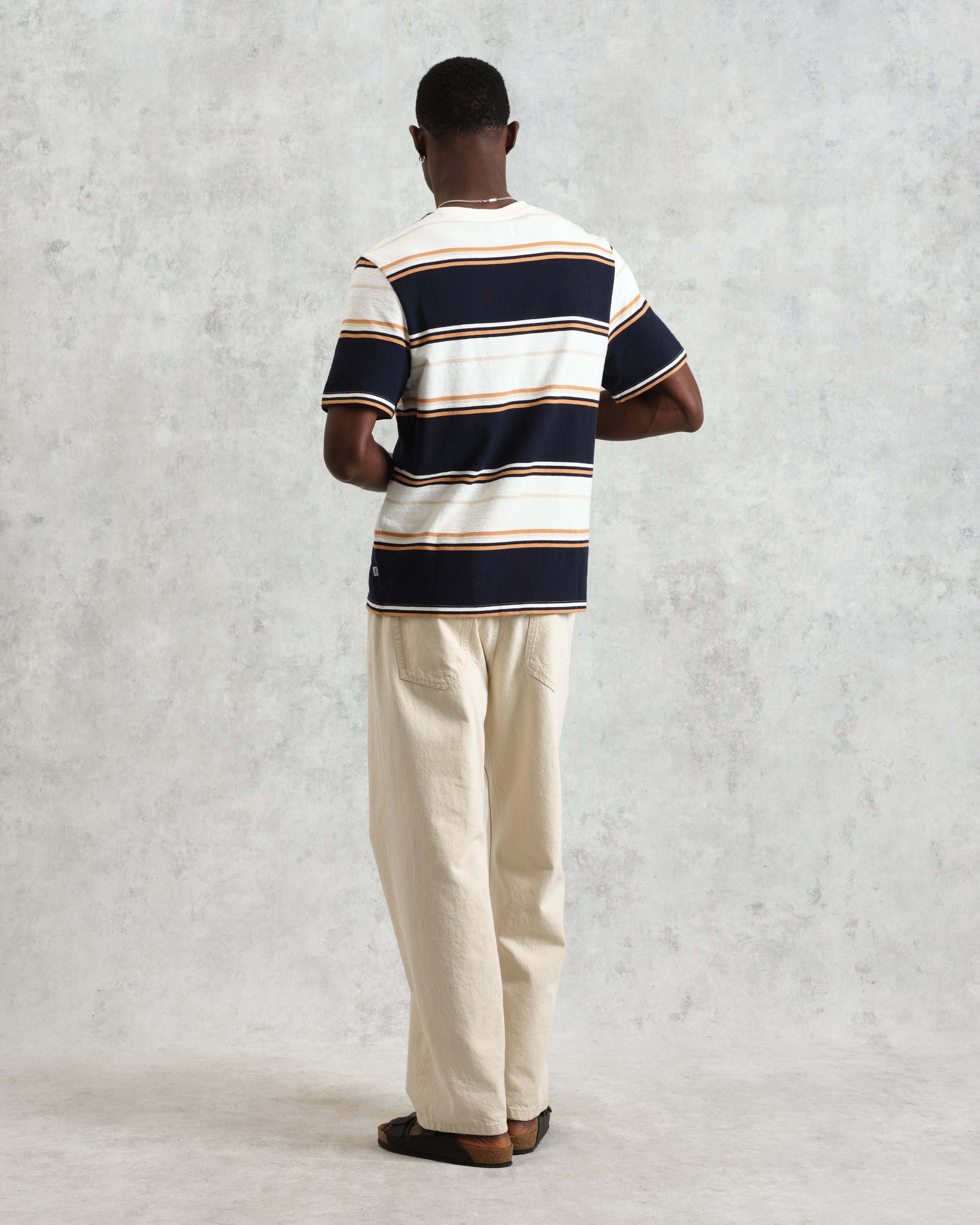 Dean - Navy And Ecru Stripe Textured Organic Cotton T-Shirt