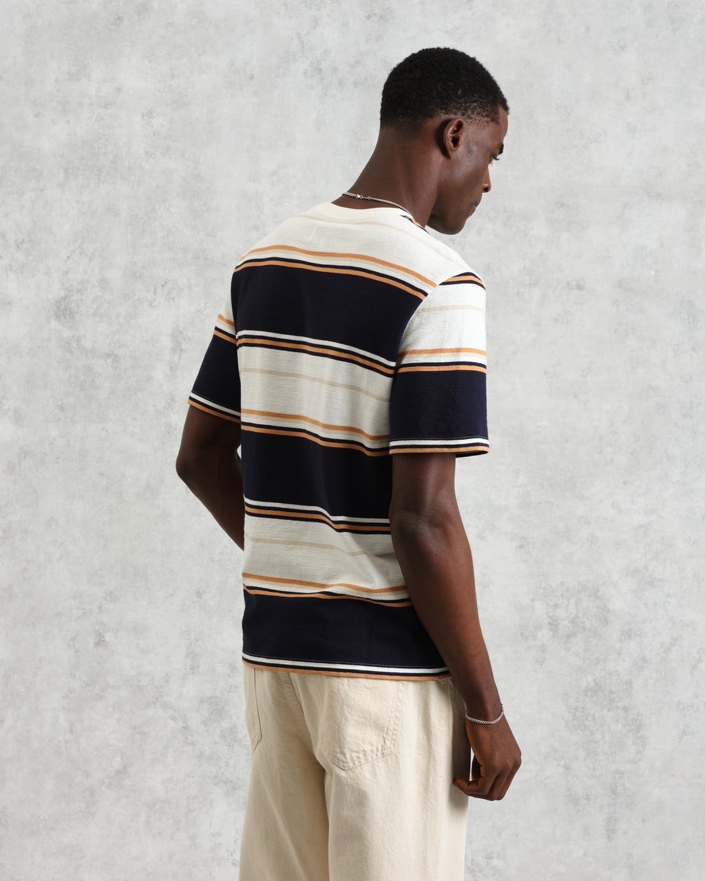 Dean - Navy And Ecru Stripe Textured Organic Cotton T-Shirt